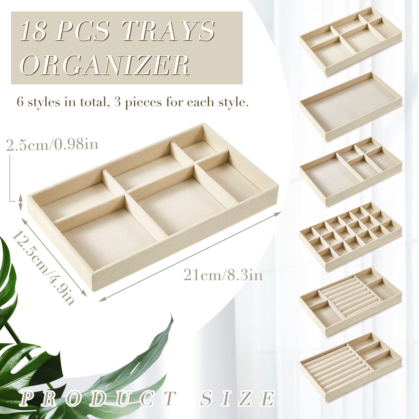 Junkin 18 Pcs Velvet Jewelry Tray, Stackable Jewelry Organizer Trays for Drawer, Jewellery Box Divided Display Tray, Jewelry Inserts for Drawer for Rings Earring Bangle Necklaces(Beige)