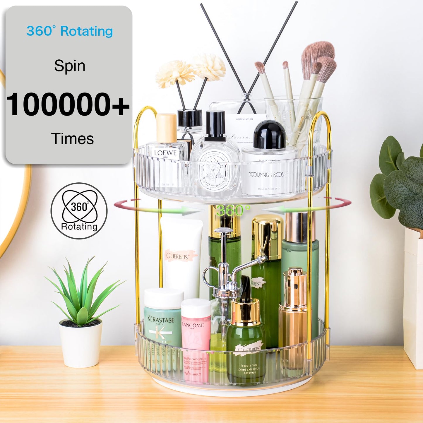 Niluks 360 Rotating Makeup Organizer - Large Capacity Spinning Perfume & Cosmetic Skincare Holder for Countertop (Pearl White, 2 Tier)