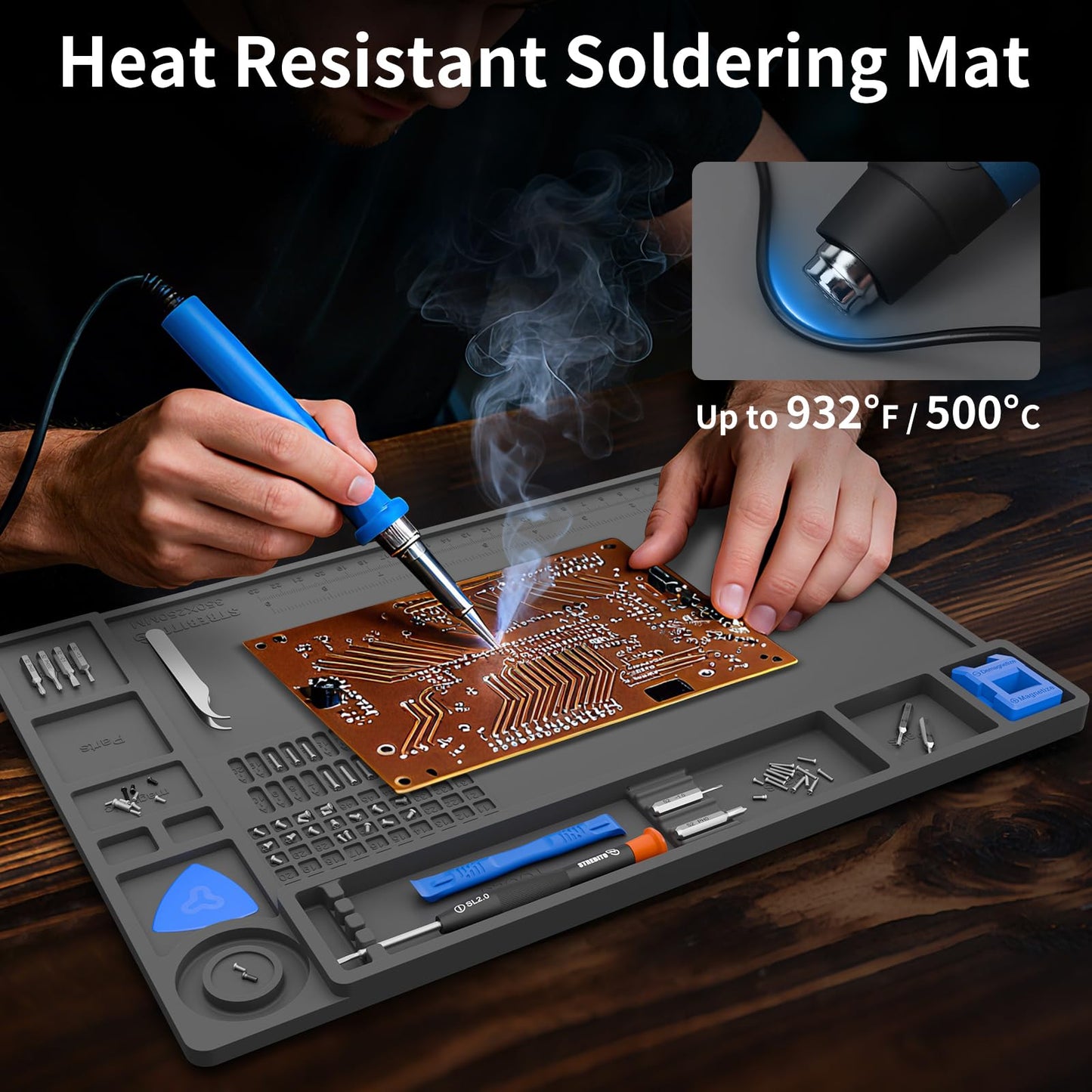 STREBITO Heat Resistant Silicone Soldering Mat up to 932°F, Silicone Work Mat Soldering Pad for Electronics Repair, Magnetic Mat for Watch, Phone, Tablet, Eyeglass, Knife, Size 13.8"x9.9" (Grey)