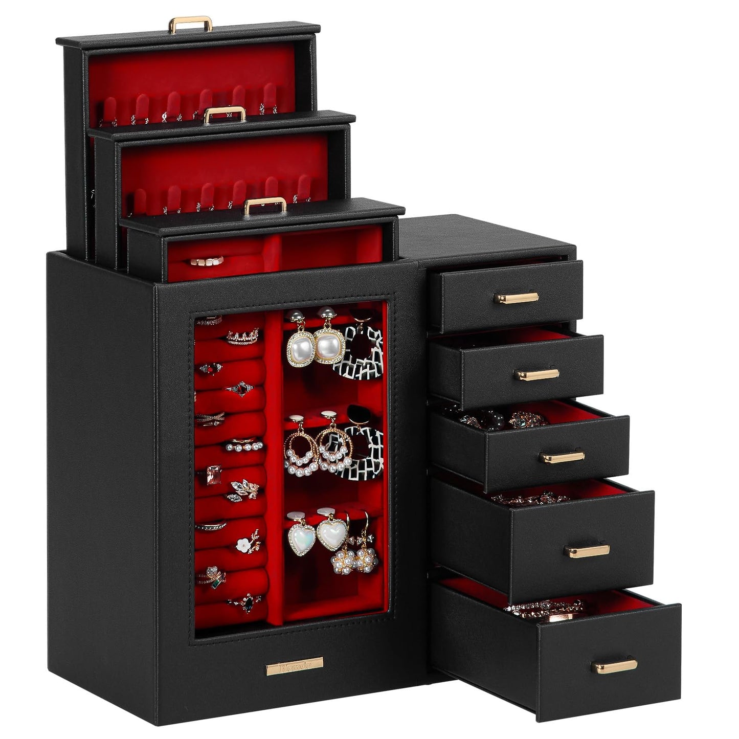 Homde Jewelry Organizer large for Dresser: Big Jewelry Box for Women - Holder with Drawers - Elegent Necklace Earring Ring Display Modern Gift (Black + Red+ Gold)