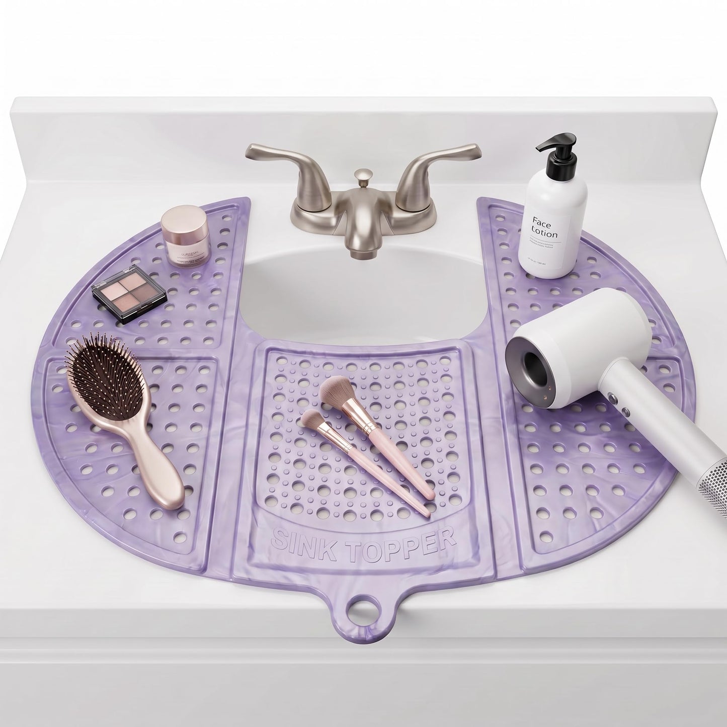 Sink Topper Bathroom Counter Cover & Storage Saver, Foldable Silicone Mat for Hot Tools, Hair Styling & Makeup, Beauty Brush Cleaning Mat, RV Camper Sink Cover & for Small Spaces (Standard Lavender)