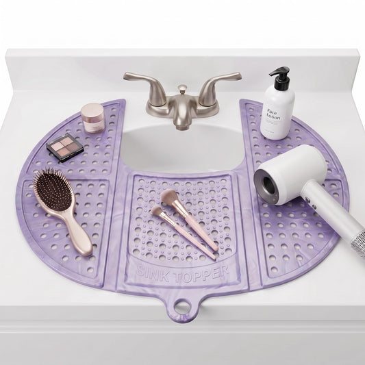 Sink Topper Bathroom Counter Cover & Storage Saver, Foldable Silicone Mat for Hot Tools, Hair Styling & Makeup, Beauty Brush Cleaning Mat, RV Camper Sink Cover & for Small Spaces (Standard Lavender)