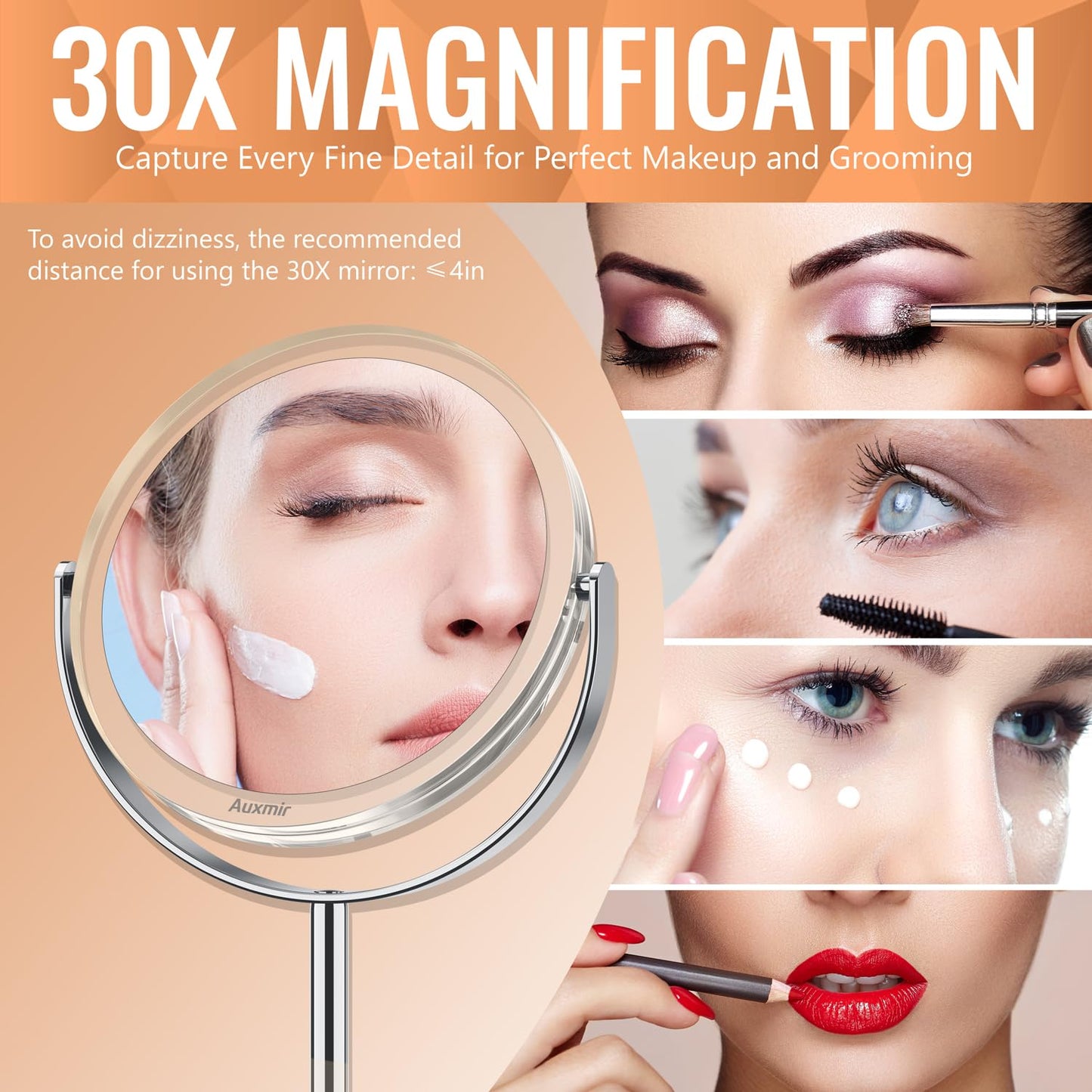 Auxmir 1X/ 30X Magnifying Mirror, Double Sided Makeup Mirror with Stand, Vanity Tabletop Mirror with Tweezer, 360° Rotation Portable for Dressing Table Desk Bathroom Bedroom Travel, 8 Inch