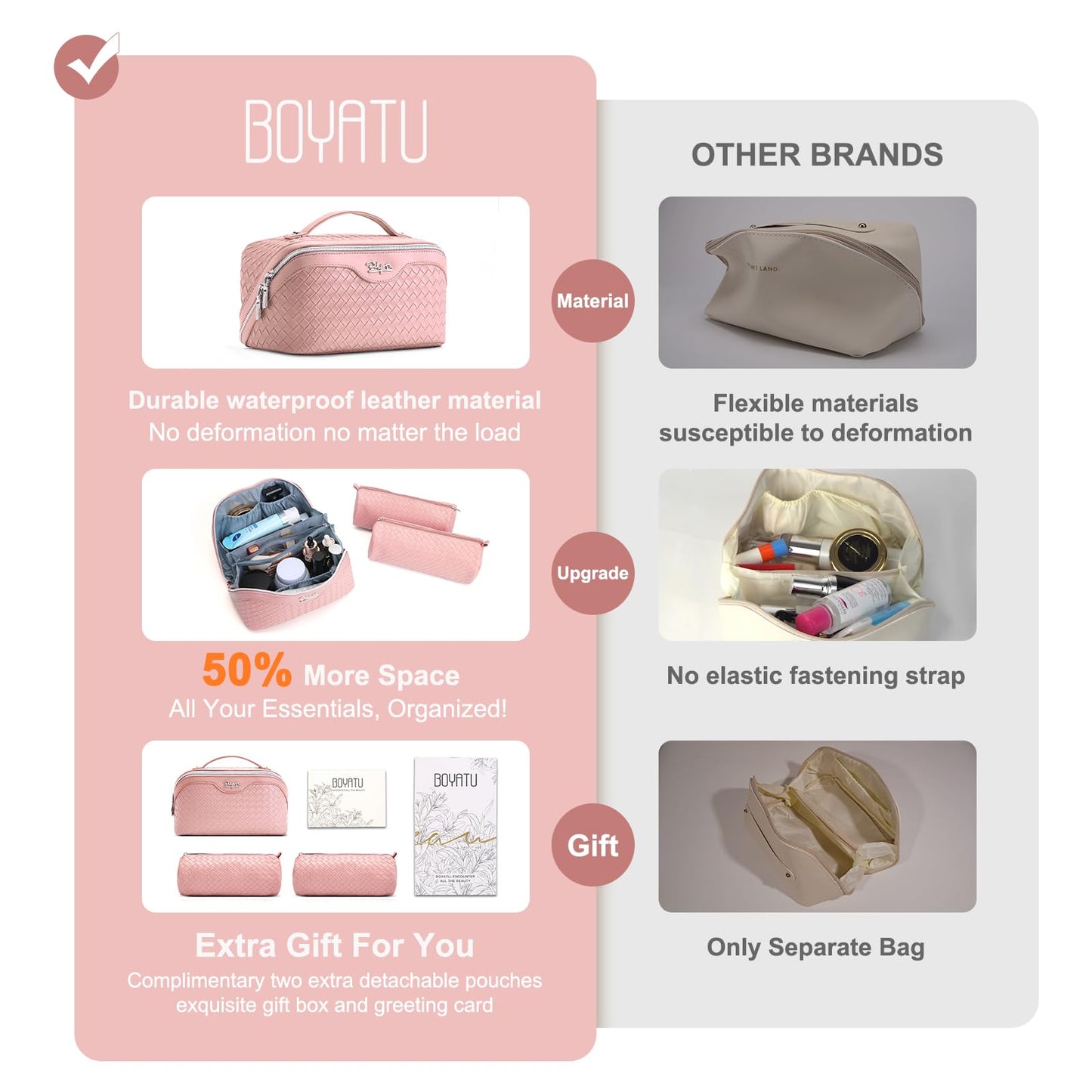 BOYATU Travel Makeup Bag Cosmetic Bags for Women: Large Capacity 3 Pcs Set Make up Bag with Compartments - Waterproof Vegan Leather Toiletry Organizer Bags with Handle (L04 Light Pink)
