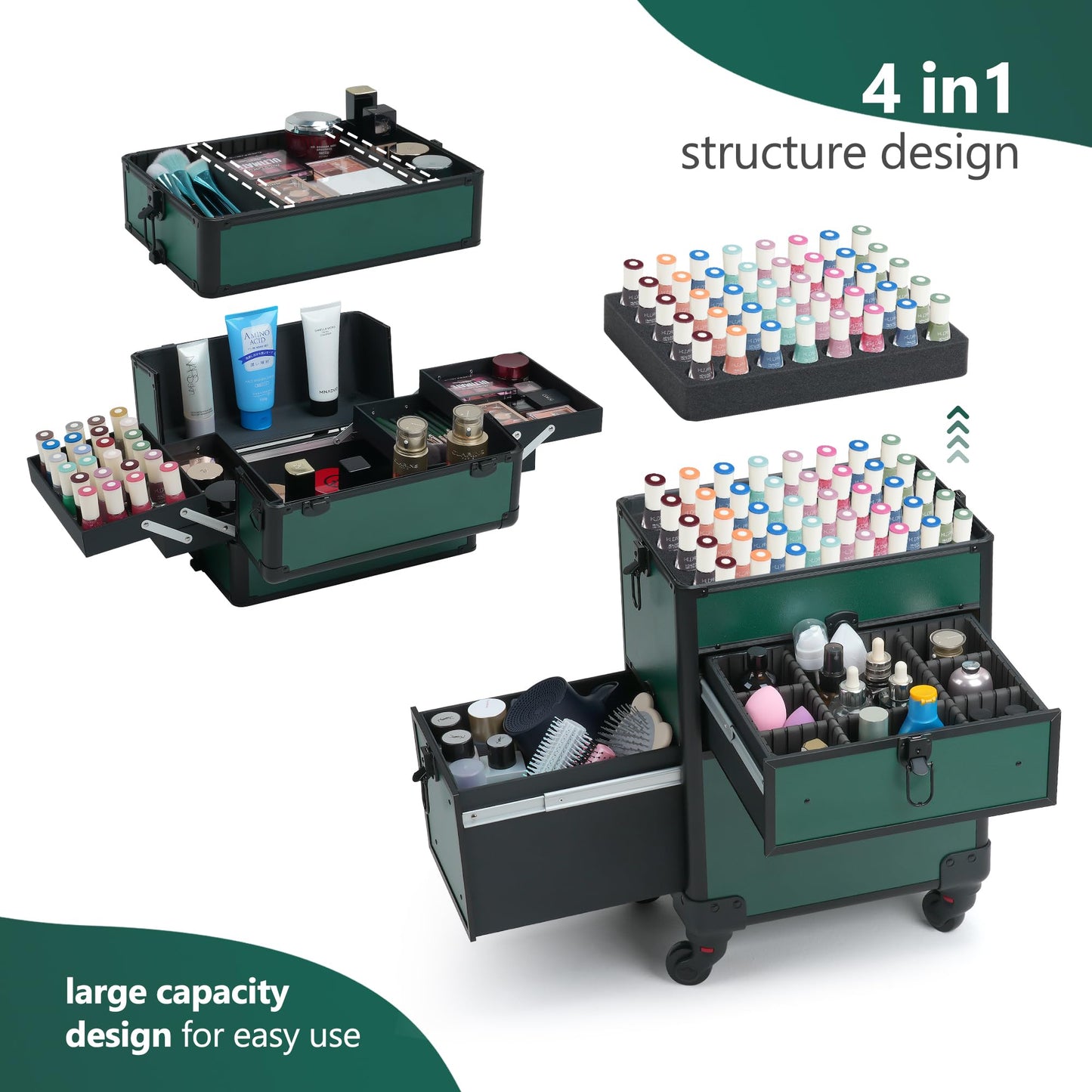 Somduy Rolling Makeup Case with Drawer, Makeup Train Case, 4 in 1Cosmetology Case on Wheels, Christmas Gift, Large Makeup Case Organizers, Profesional Cosmetic Case for Salon Barber, Green