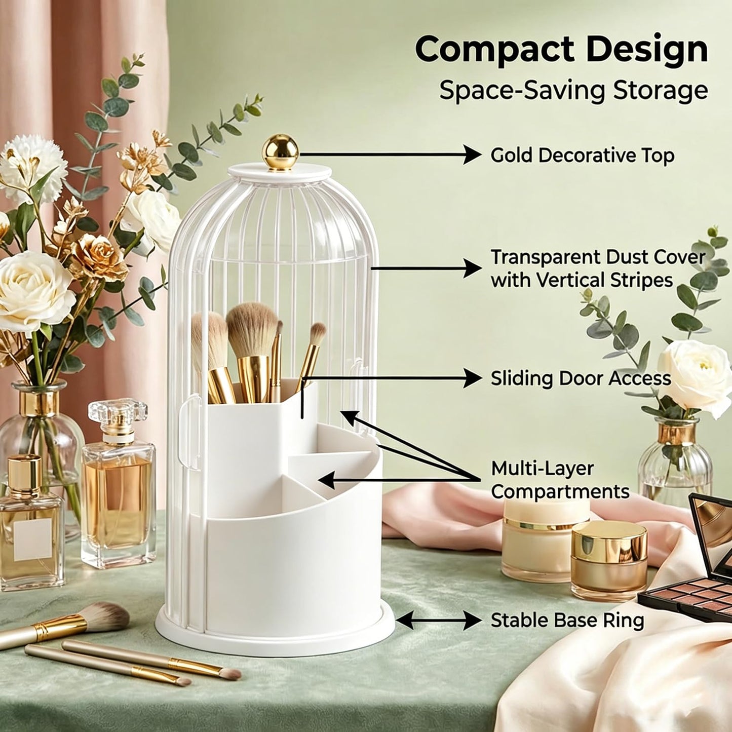 sagact Makeup Brush Holder with Lid 360° Rotating 3-Compartment Makeup Organizers for Vanity, Waterproof & Dustproof Cosmetic Storage Box for Dressing Table (Transparent White)