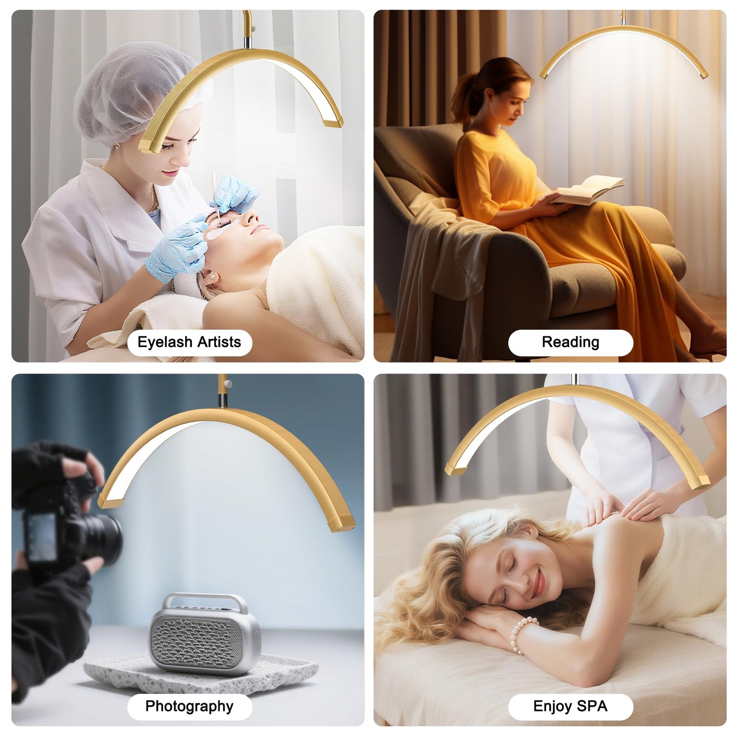 AURELLE Half Moon Lash Light - Adjustable LED Floor Lash Lamp with 4X Magnifier & Phone Holder for Eyelash Extensions,Nail Art,Tattoo,Skincare,Salon SPA-Dimmable Brightness,Rotating Head, Gold