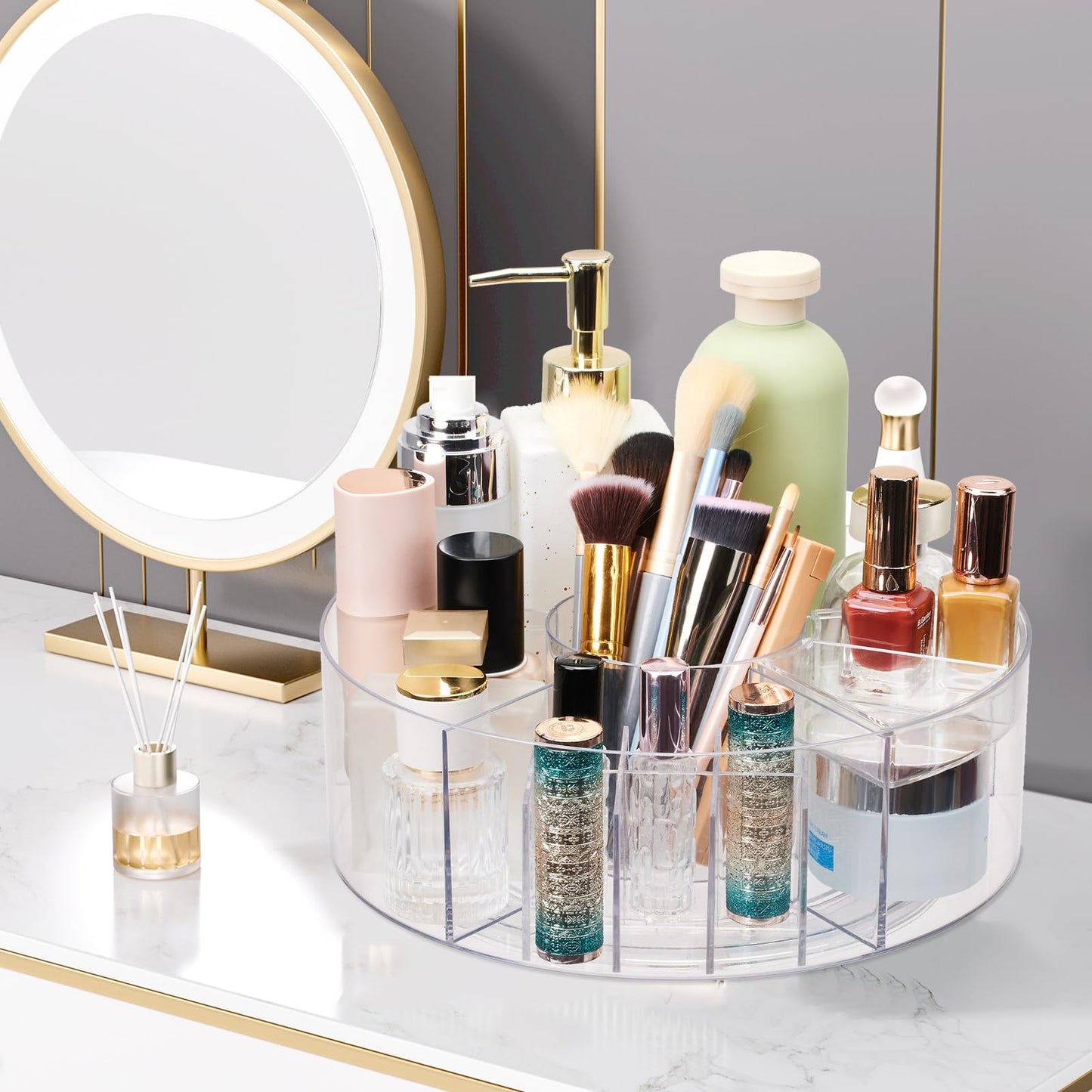 Flytreal 360 Rotating Makeup Organizer for Vanity, 10” Desk Acrylic Spinning Cosmetic Skincare Organizer Countertop, Large Clear Lazy Susan Round Organizer for Lotion, Lipsticks, Perfume, Brushes