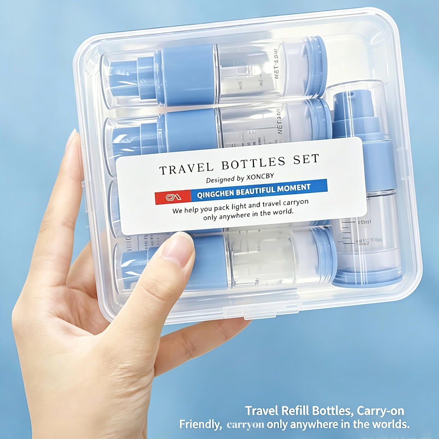 XQNCBY 0.5oz/15ml Travel Airless Pump Bottles, 5 Pack Refillable Vacuum Cosmetic Containers with Clear Organizer Case & Labels, Small Lotion Dispenser Bottles for Skincare, Toiletries & Cosmetics