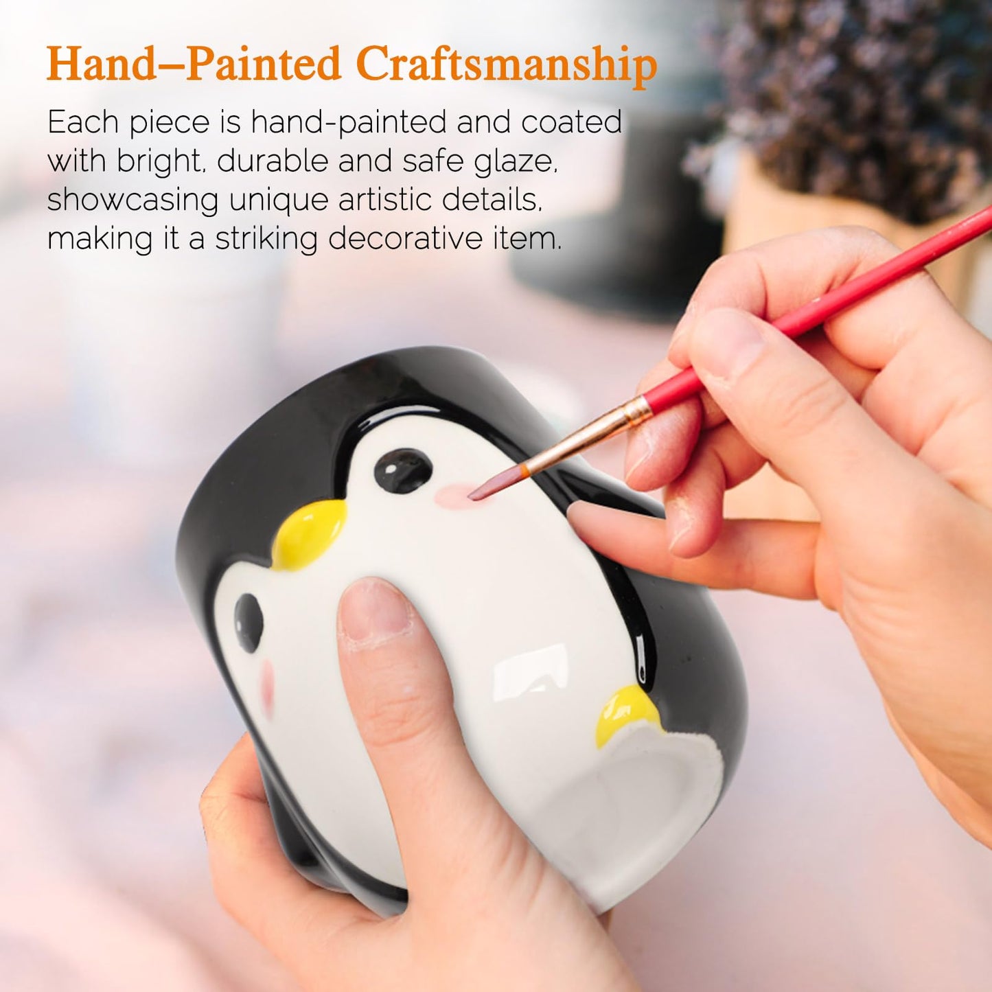 RunaFun Penguin Pen Holder, Cute Pencil Cup, Ceramic Office Decor，Multifunctional Toothbrush Holder & Makeup Brush Storage, Gift for Couples Coworkers，Male Penguin