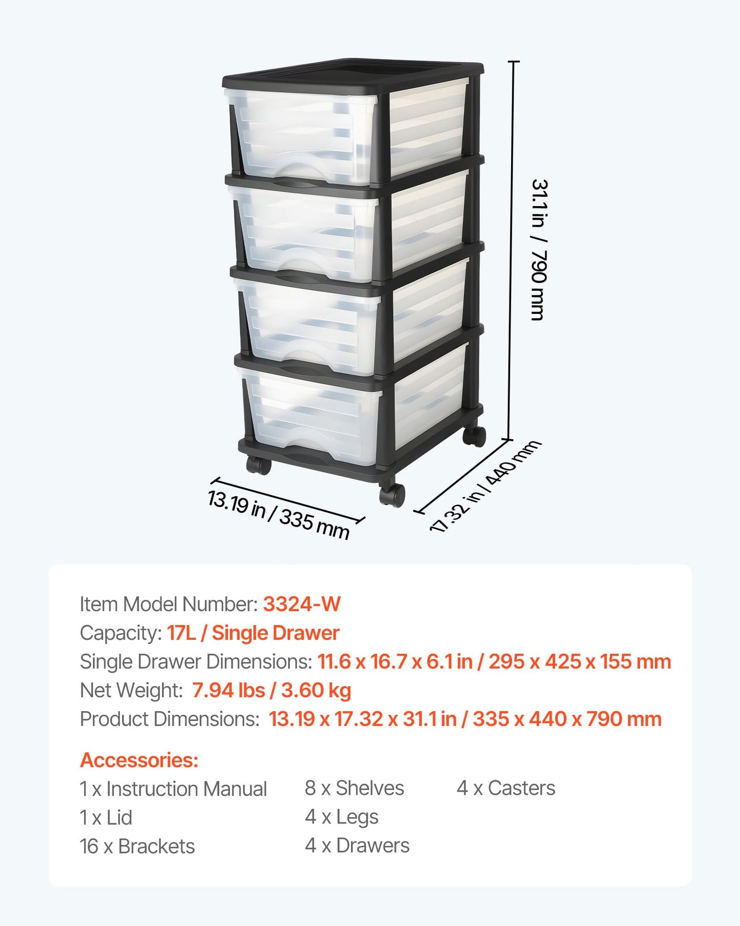 VEVOR Plastic Storage Drawers Cart, 4 Drawers Storage Organizer with Wheels, Rolling Closet Organization and Storage Dividers, Dresser Organizer Clear Bins for Office Supplies, Craft Rooms, Classrooms