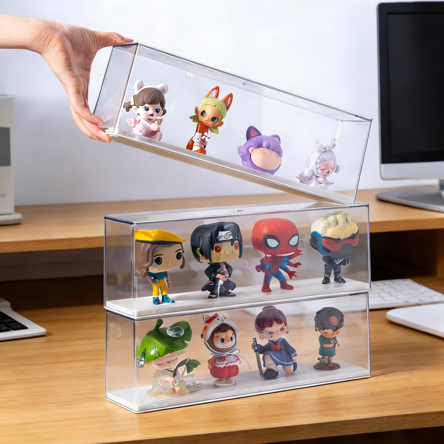HONTUU 2 Pack Clear Acrylic Figures Display Case Stackable Box with Base, Dustproof Protector for Anime Figurine, Collectibles, Funko Pop, Model Cars - Home Office Display Showcase