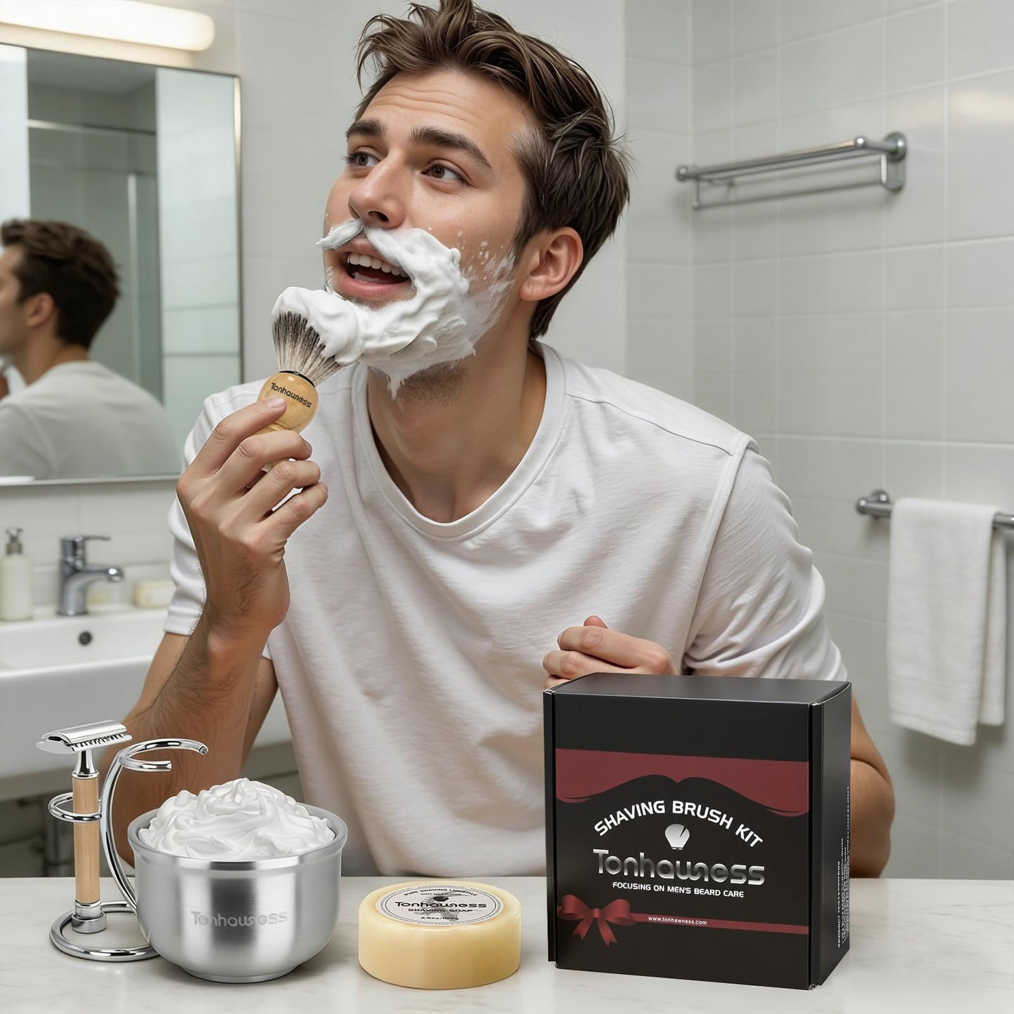 Shaving Brushes Set For Men, 5 In 1 Shaving Brush Kit Includes Badger Hair Shave Brush, Safety Men's Razor, Stainless Steel Shaving Bowl, Shaving Stand and Soap (Wood Handle With Razor)