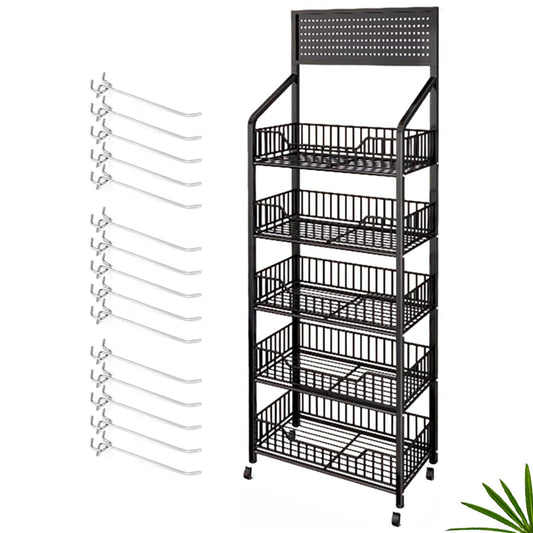 XNKLMYT 5 Tier Retail Display Racks, Large Capacity Snack Rack Display Stand, Pegboard Snack Shelf with 15 Hooks and 4 Wheels for Supermarket Kitchen Office Store Display, Black (1)