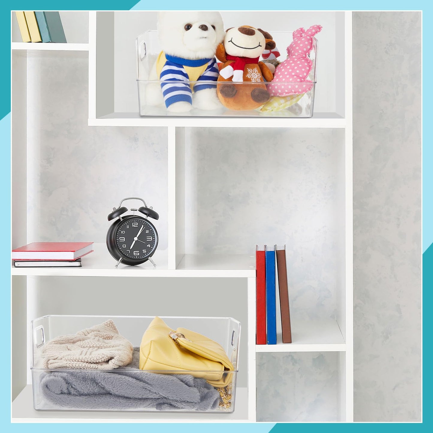 Menkxi 4 Pcs Clear Large Storage Book Display Case 13 x 8.5 x 5.9 Inch Book Organizer Stackable Bookcase Display Storage Containers with Handle Office Bookshelf Organizer Rack for CDs Magazine