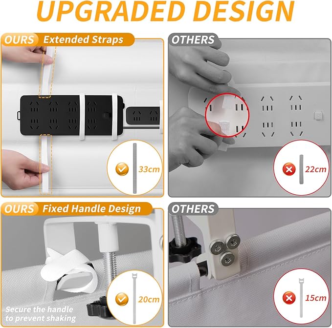 Under Desk Cable Management Tray, No Drill Desk Cord Organizer with Clamp, 48" Fabric Cable Management for Standing Desks Office & Home, White