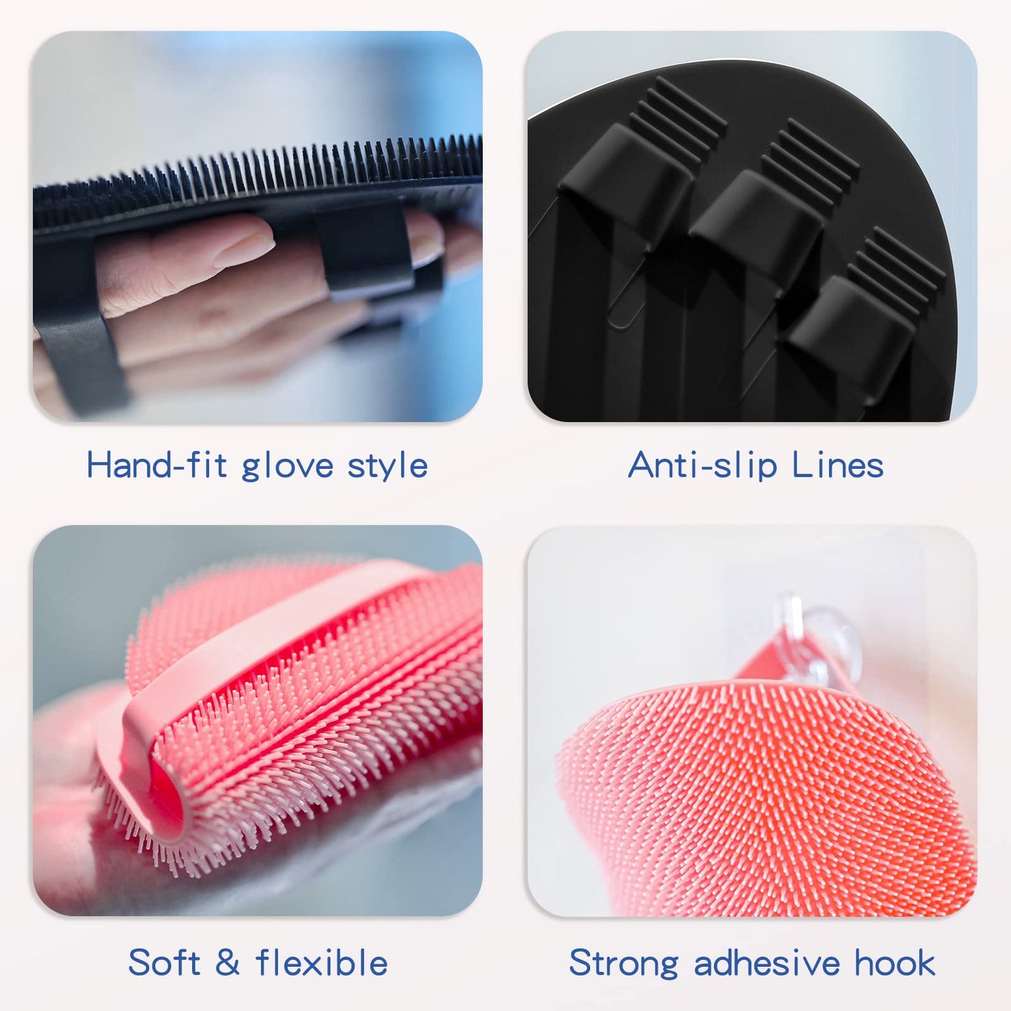 Manmihealth Silicone Back Scrubber (Thick Bristles) & Bath Glove & Face Brush Set (3PCS), Super-Exfoliating & Lathering Body Scrubber, Shower Brush, Face Scrubber Combination, with a Free Hook (Gray)