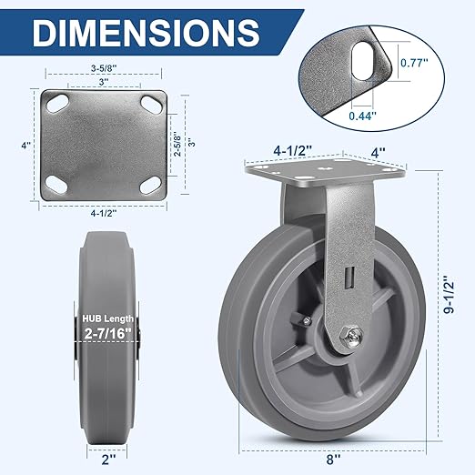 8"x2" Rubber Wheels (Flat Tread)- Heavy Duty Casters, Industrial Caster Wheels- Set of 4 with up to 4800 LB Capacity- Use for Dollies, Workbench(4 Rigid)