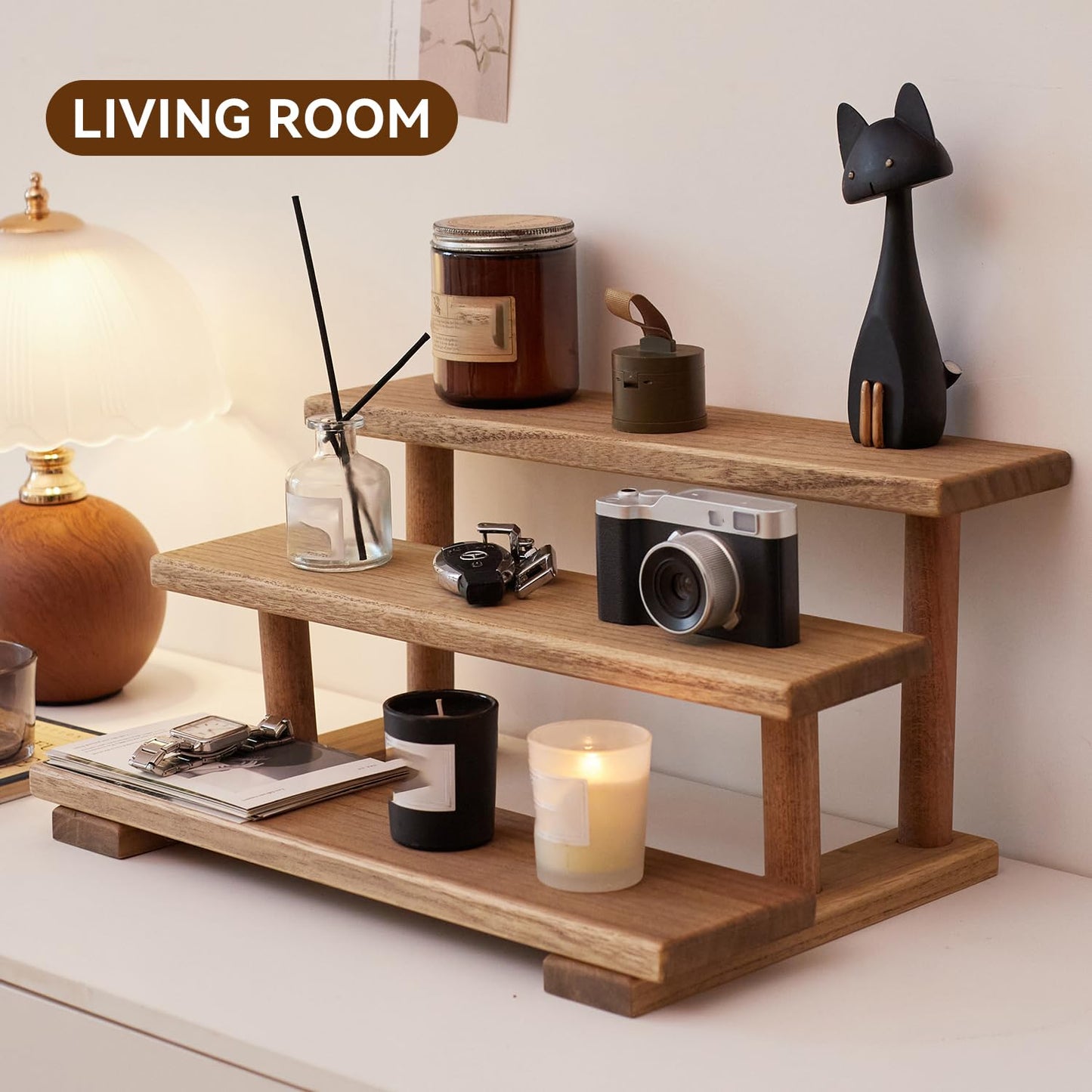 KIRIGEN 3-Tier Display Risers, Paulownia Wood Stand with Beech Wood Supports, Multifunctional Rack, Step Shelf Organizer for Kitchen, Vanity, Entryway for Spices, Cosmetics, Figurines, Cake ZST-DBR