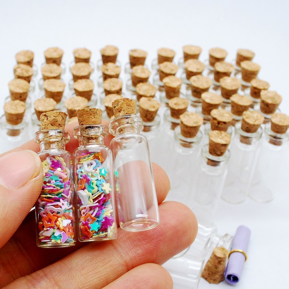 1ML Small Mini Tall Clear Glass Bottles/Jars with Corks Stoppers for Arts & Crafts, Projects, Decoration, Party Favors+ Gold Metal Eye Hook Pin Screws,200 Pcs