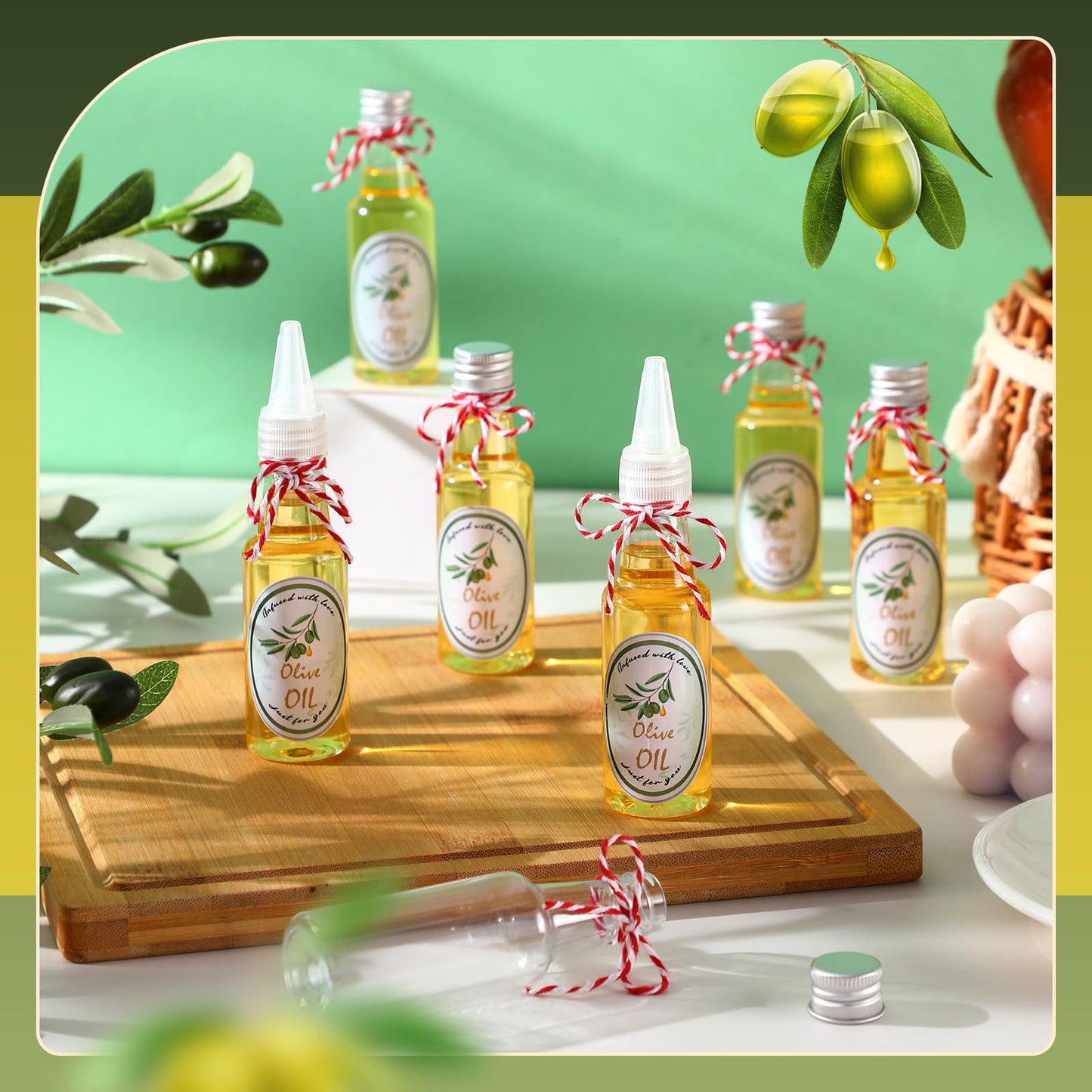Blushtier 48 Set Mini Plastic Olive Oil Bottles 1.7 oz Tiny Small Clear Empty Dispenser Bottles with Tip Cap, Pour Spout Lids and Labels for Milk Juice Sauce Storage for Baby Shower Party Favors