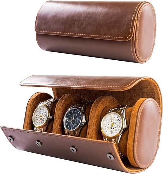 MR.OKAY 3 Watch Travel Case- Classic Leather Watch Case With Superb Texture.Portable Watch Roll Or Organizer For Storage And Display. Best Travel Gift for Men,All Handcrafted By Artisans.