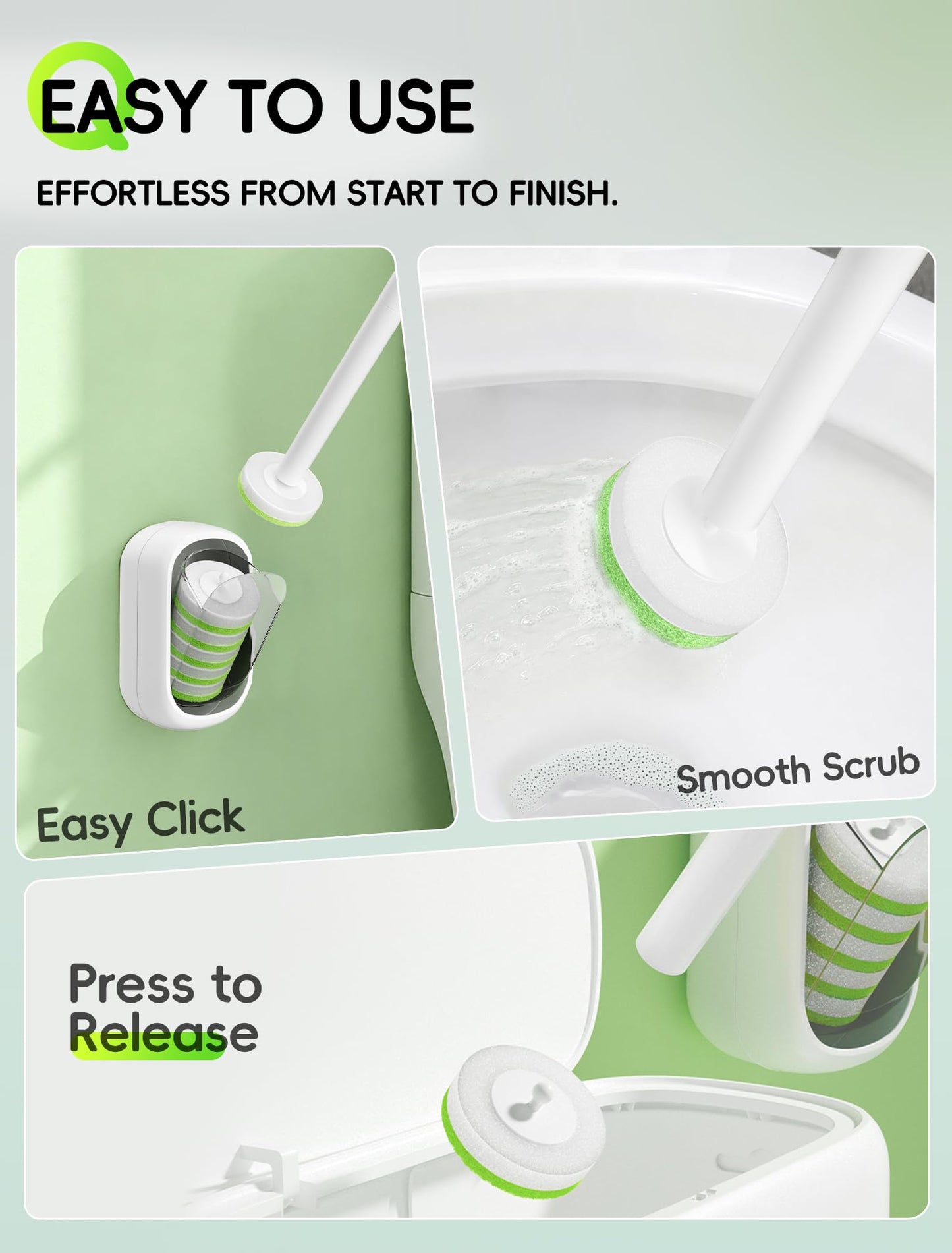 LEGUO Wall Mounted Disposable Toilet Brush System with Holder, Toilet Bowl Cleaning Wand with Green Refills and One-Button Release, 1 Wand and Holder with 24 Green Refills