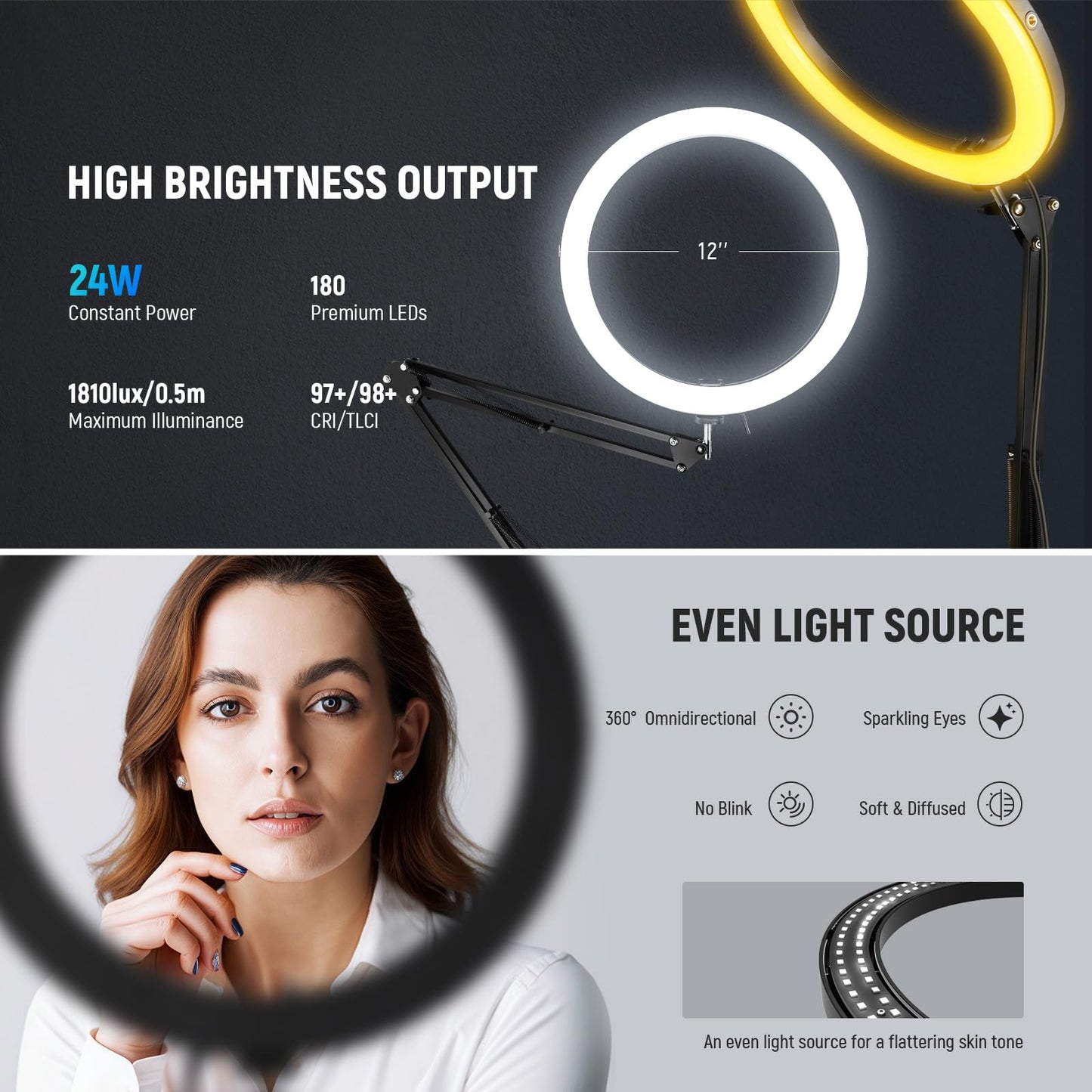 NEEWER 12" 24W High Power LED Ring Light Compatible with iPhone, 60" Overhead Folding Light Stand/Phone Holder Mount for Video Recording Selfie Makeup Streaming,2900-7000K USB C PD Input CRI97+,RH12B