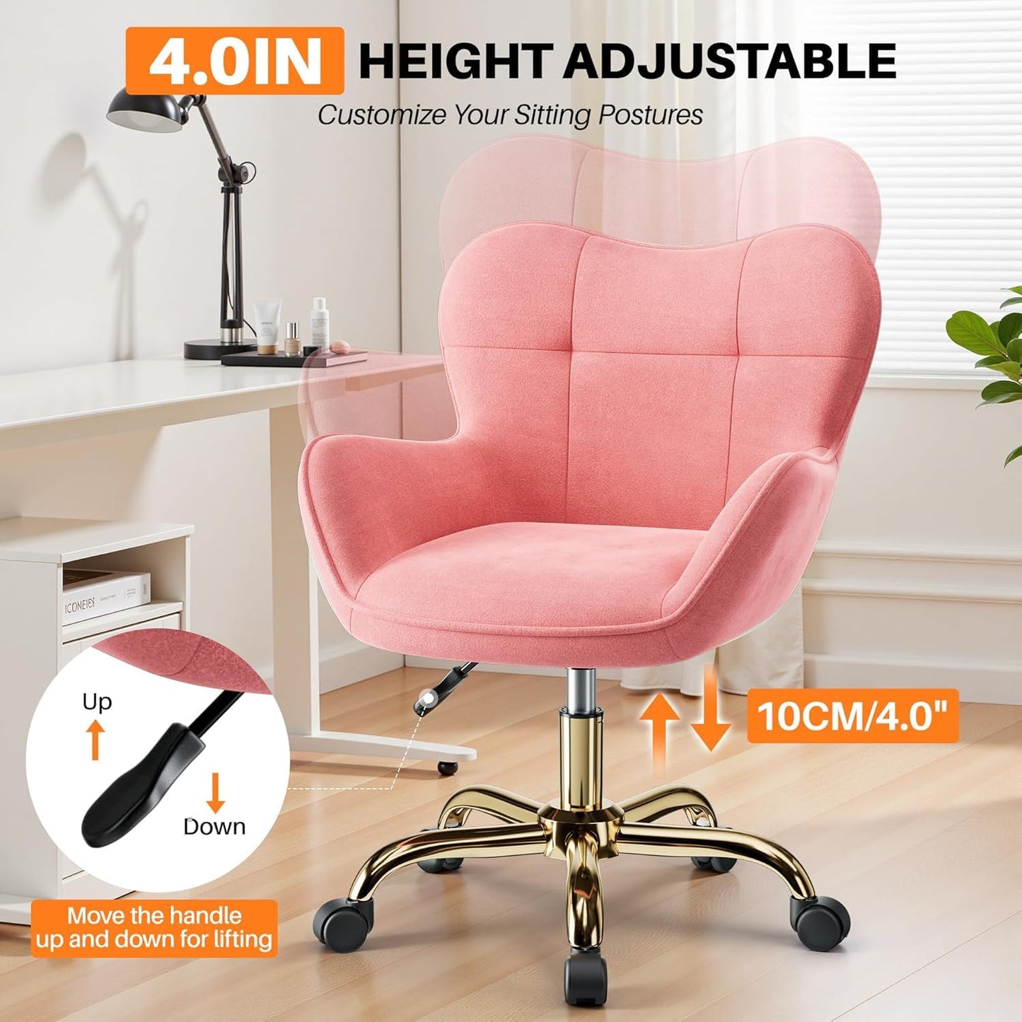 BestEra Vanity Chair with Wheels, Cute Home Office Desk Chairs Adjustable Height for Living Bedroom, Small Modern Fluffy Velvet Makeup Chair with Back for Girls (Pink)