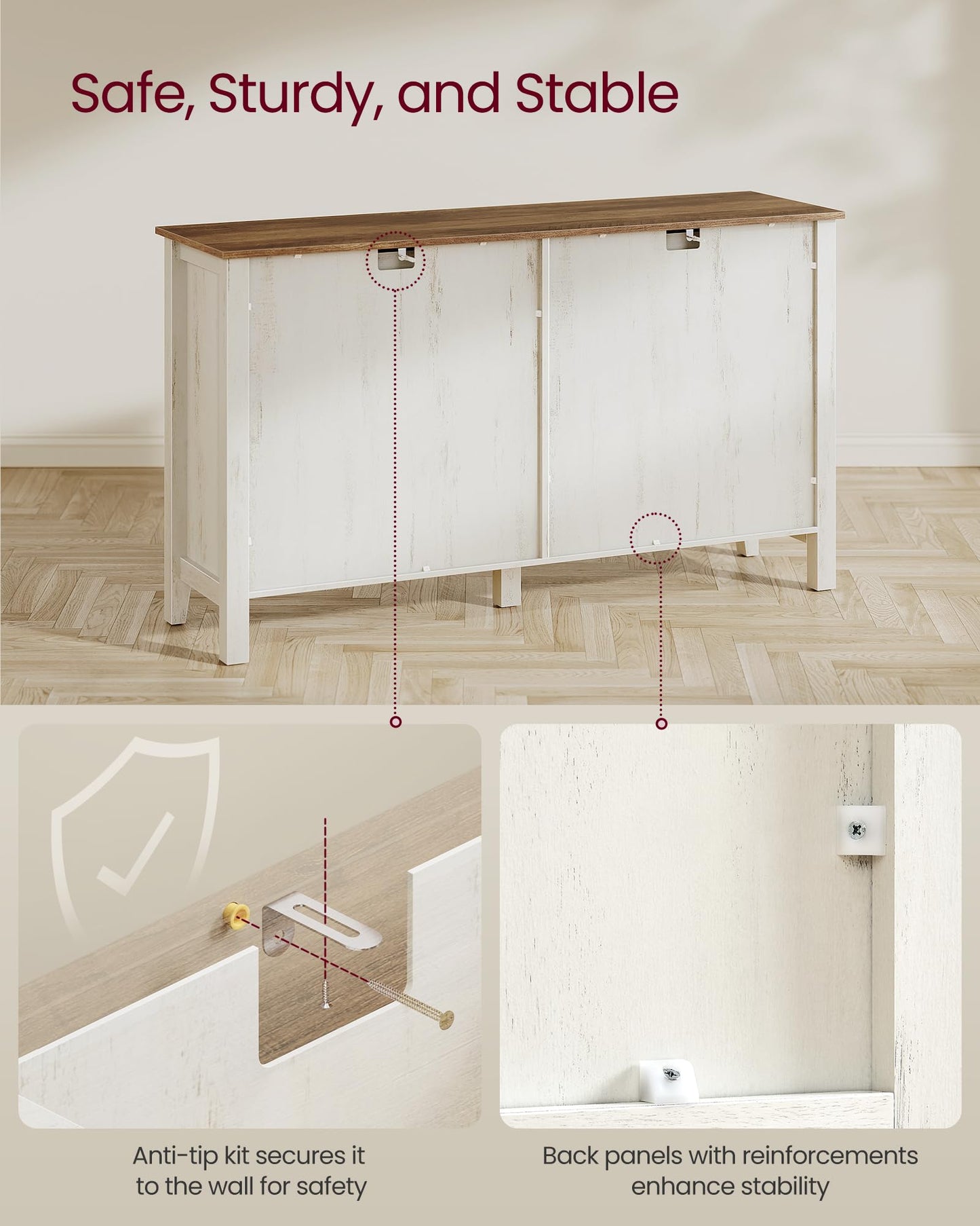 VASAGLE LIRY Collection - Buffet Cabinet, Coffee Bar Cabinet with 2 Drawers, Adjustable Shelves, Sideboard Storage with Cable Holes, Drawer Dividers, Rustic White and Honey Brown UBBK381WJ01S