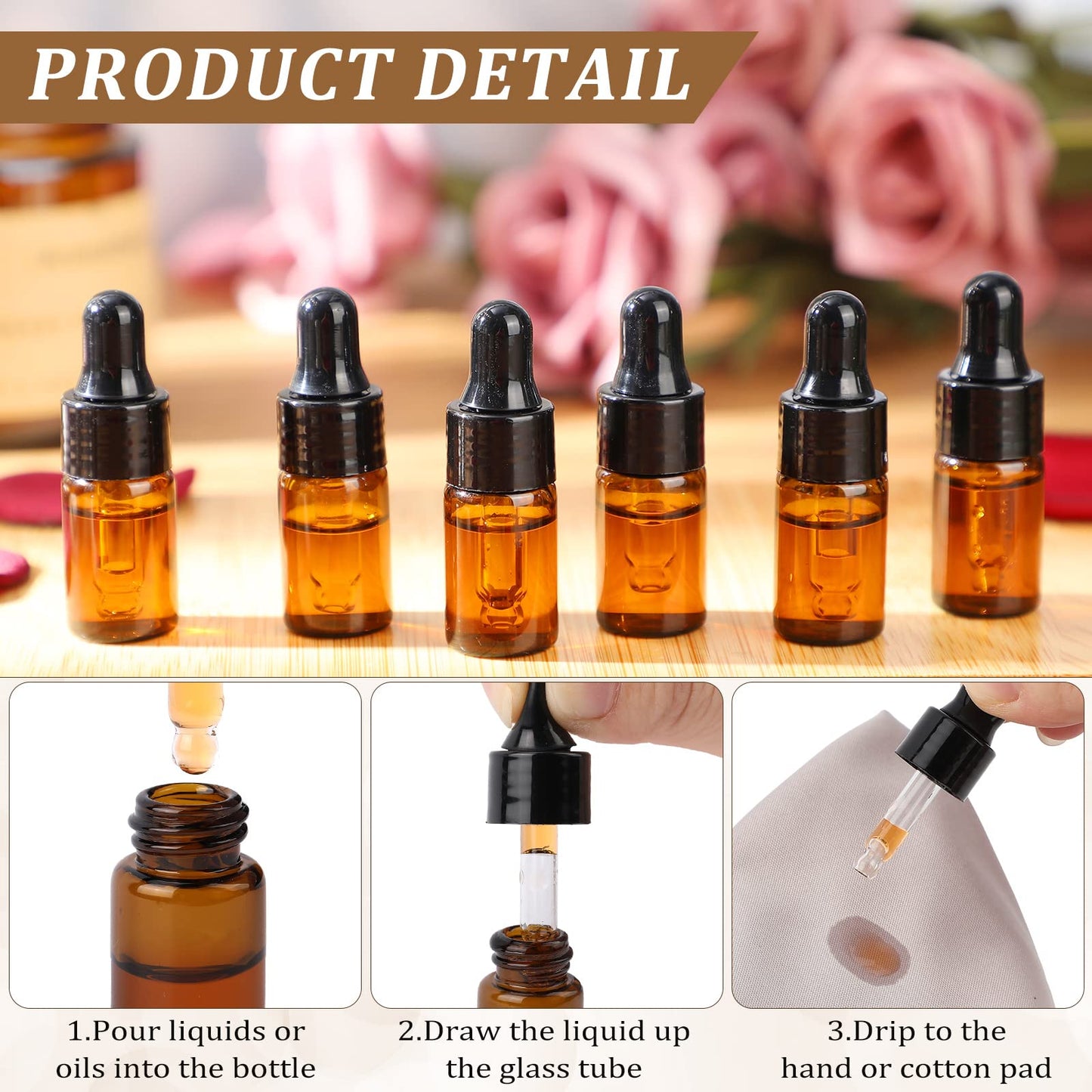 Nuogo 100 Pcs Mini Amber Glass Oil Dropper Bottle Bulk, Clear Essential Small Empty Sample Vial with Dropper and Black Caps Tiny Amber Glass Bottles Perfume Jars for Travel(3 ml)