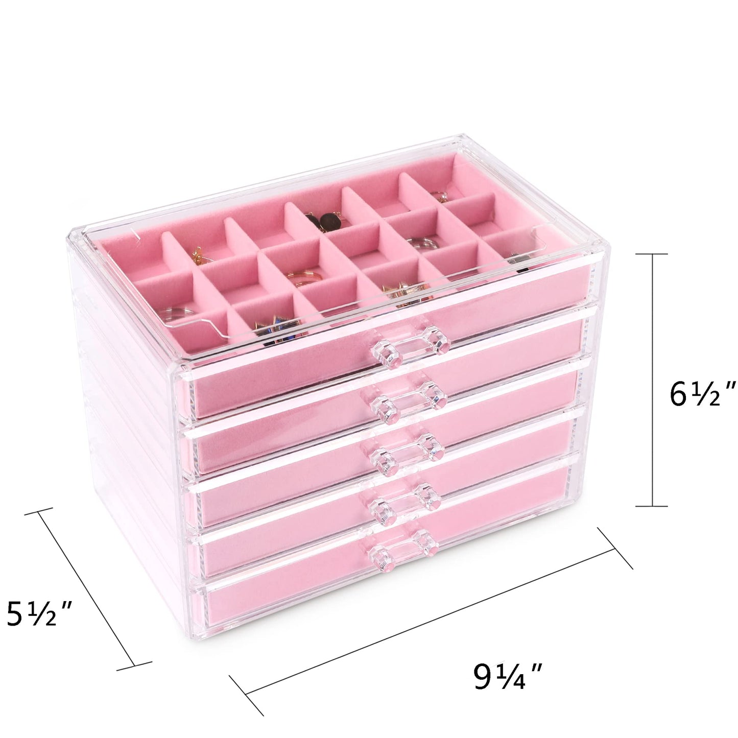 Frebeauty Acrylic Jewelry Organizer Earring Organizer Box with 5 Drawers Earring Holder Organizer with Velvet Trays Clear Jewelry Box for Women Earring Display for Rings StudsPink
