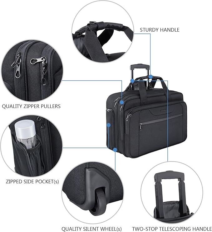KROSER Rolling Laptop Bag Premium Wheeled Briefcase Fits Up to 17.3 Inch Laptop Overnight Roller Case Computer Bag with RFID Pockets for Travel/Business/Men/Women-Black