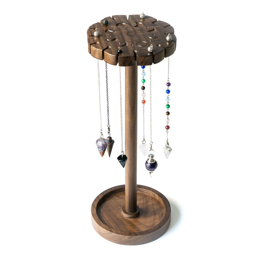Kihomi Crystal Pendulum Stand with Tray - Walnut Moon Phase Round Crystal Display Holder up to 16 Pendulums and Healing Stone Rack, Wood Aesthetic Witchy Decor Ideal Witchcraft and Wiccan Supplies for