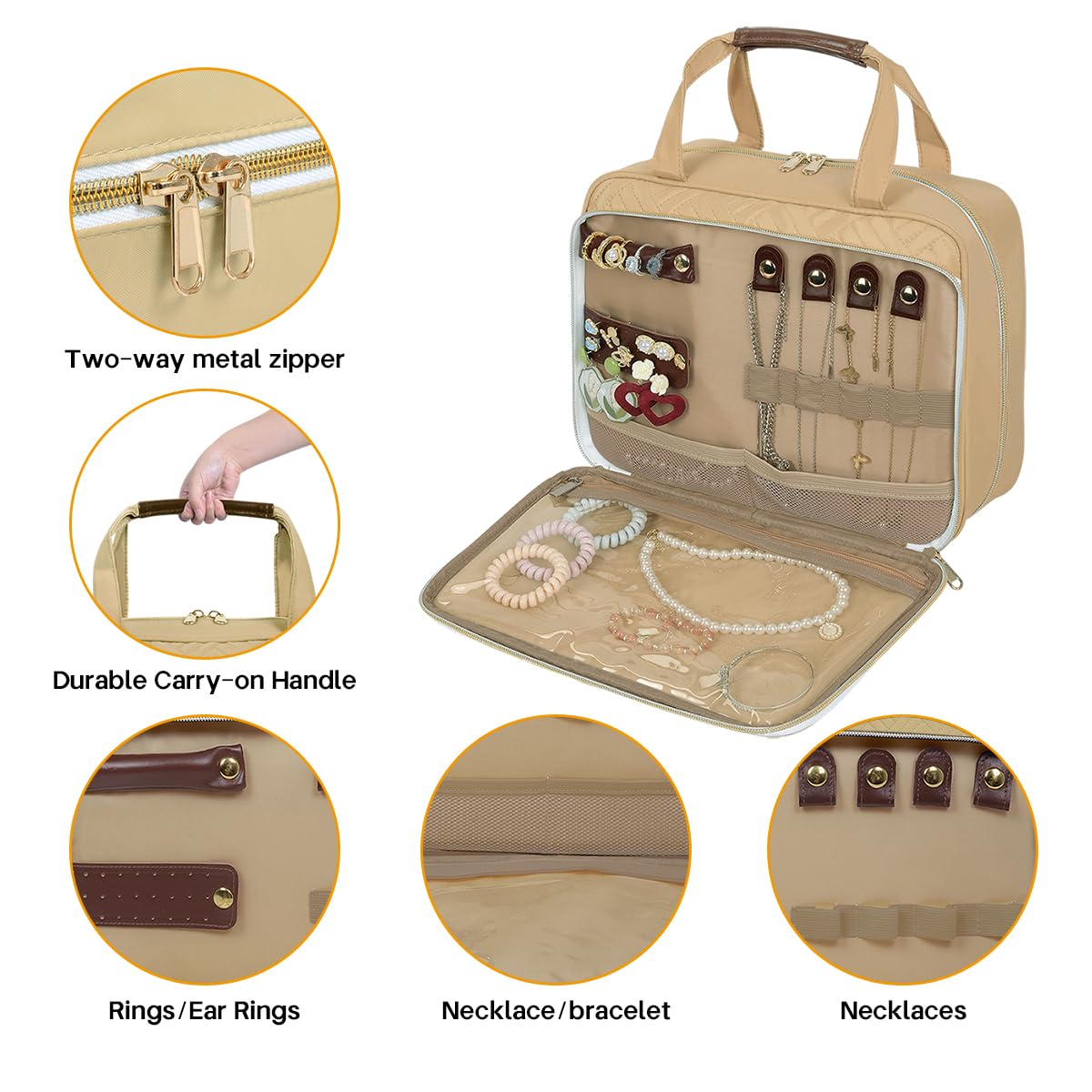 LANDFOBO Toiletry Bag for Women, Hanging Travel Toiletry Bag with Jewelry Organizer Compartment Large Makeup Bag, Cosmetic for Travel Business Trips Camping Bathroom Beige