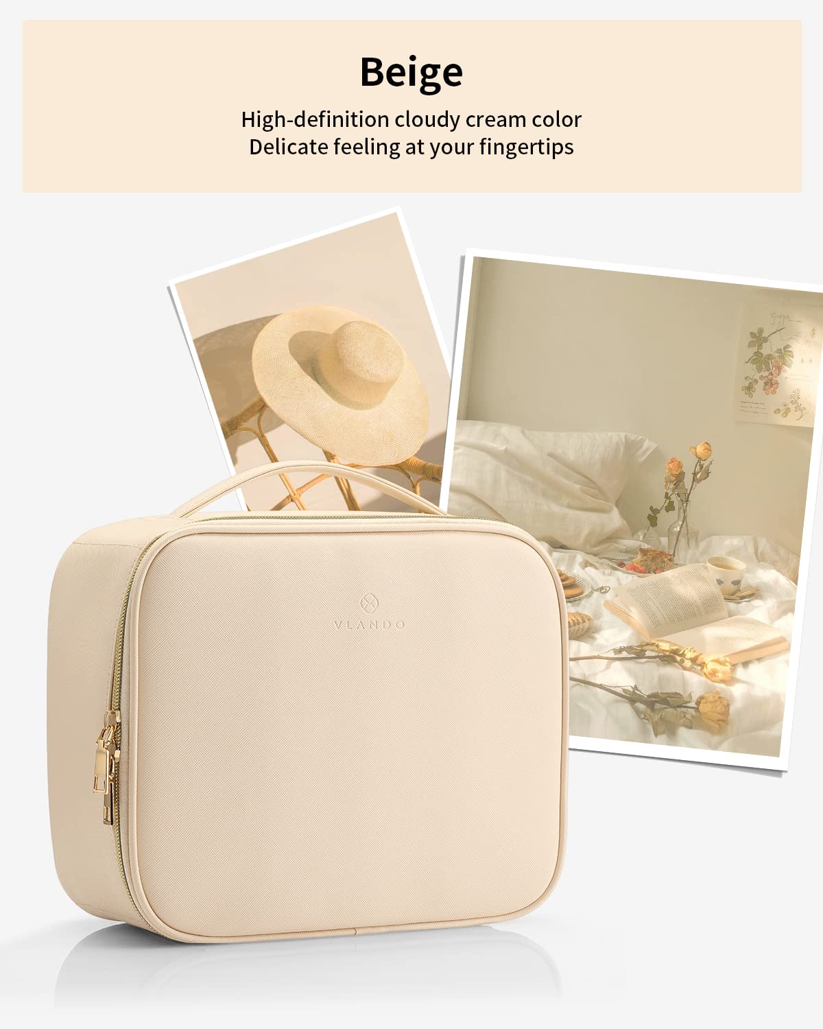 VLANDO Travel Makeup Bag, Makeup Bag Organizer,Gift Ideas for Women Girls,Makeup Storgae Bag with Dividers and Handle,Gifts for Christmas,Birthday,Wedding Beige