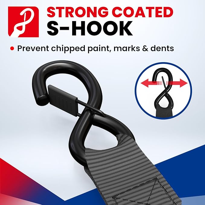 MOCA w/Lock Heavy Duty Ratchet Tie Down Straps, 5200 Lb Breaking Strength, 1.6" x 8 ft Heavy Duty Tie Down Kit with Padded Handles & Coated Chromoly S Hooks & 4 Soft Loops Black