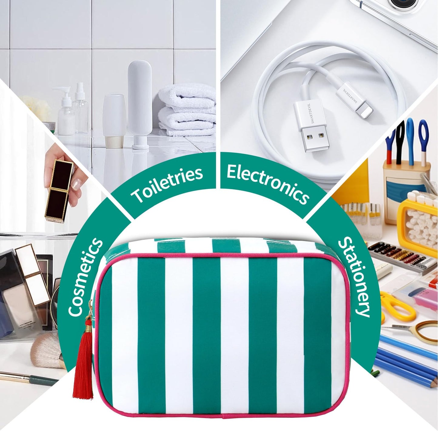 EMBRUNIOICE Stripe Makeup Bag Travel Cosmetic Bag Organizer Tassel Toiletry Bag Large Canvas Zipper Pouch and Mahjong Tile Bag (White with Green)