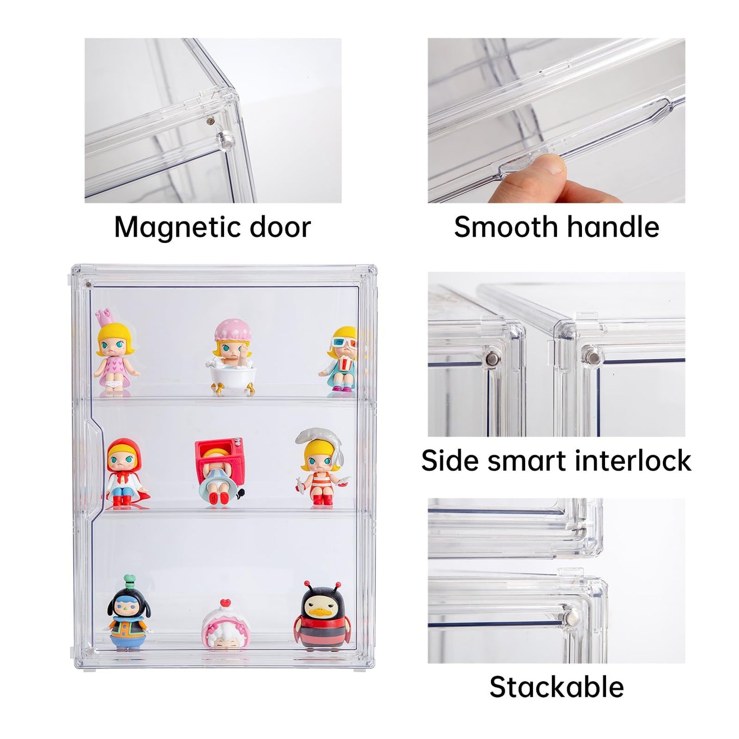 BOHOIDEE 3 Tiers Clear Display Case for Figures, Acrylic Storage Organizers Box with Magnetic Door, Wall-Mounted Dustproof Showcase for Collectibles Action Figure(4PACK Wall-Mounted Medium)