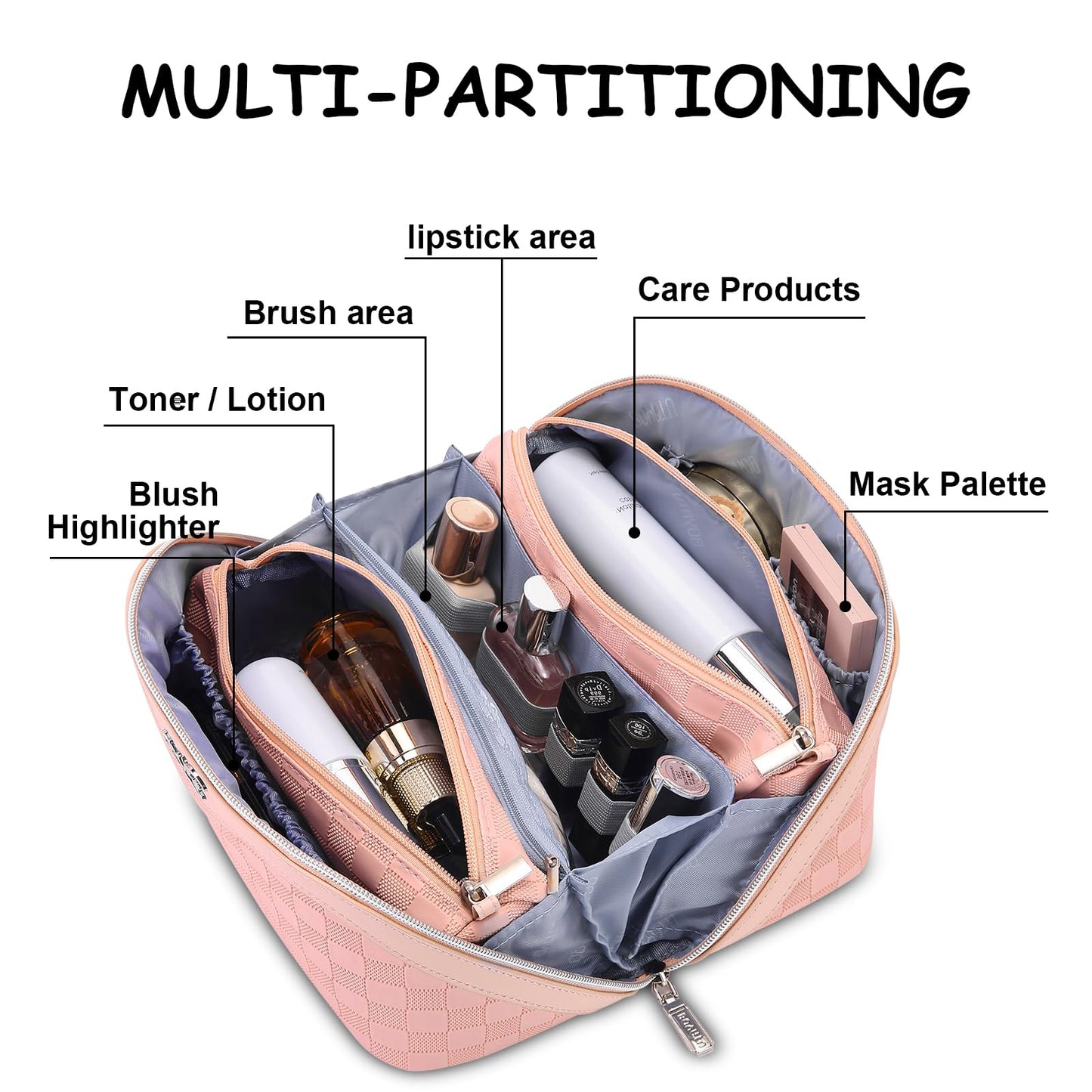 BOYATU Travel Makeup Bags for Women: Sweet Pink Checkered Large Capacity Cosmetic Bag - You Deserve a Little Sweetness Every Day - 3 Pcs Toiletry Organizer Holds 10-20 Full-Size 50-100ML Bottles
