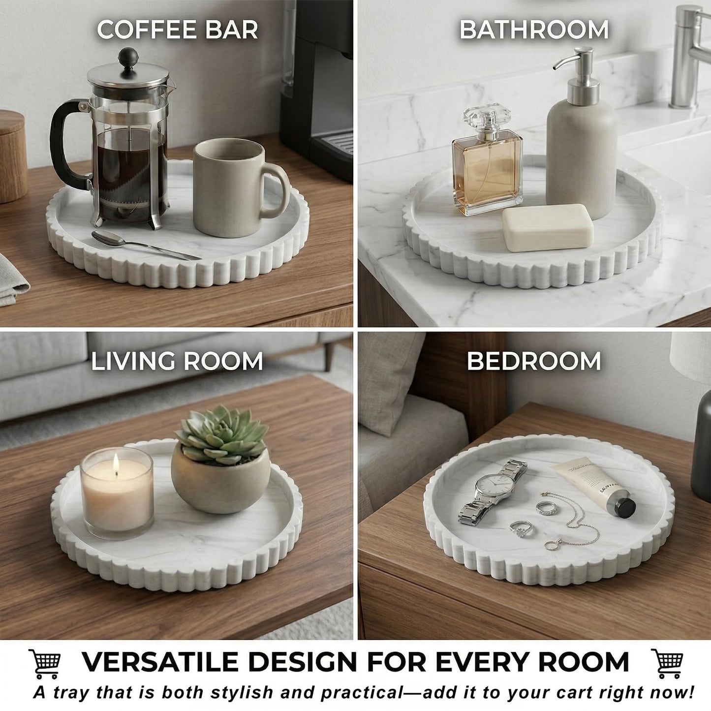 HvOvMvE Round Silicone Vanity Tray White Marble 12 Inch Scalloped Organizer