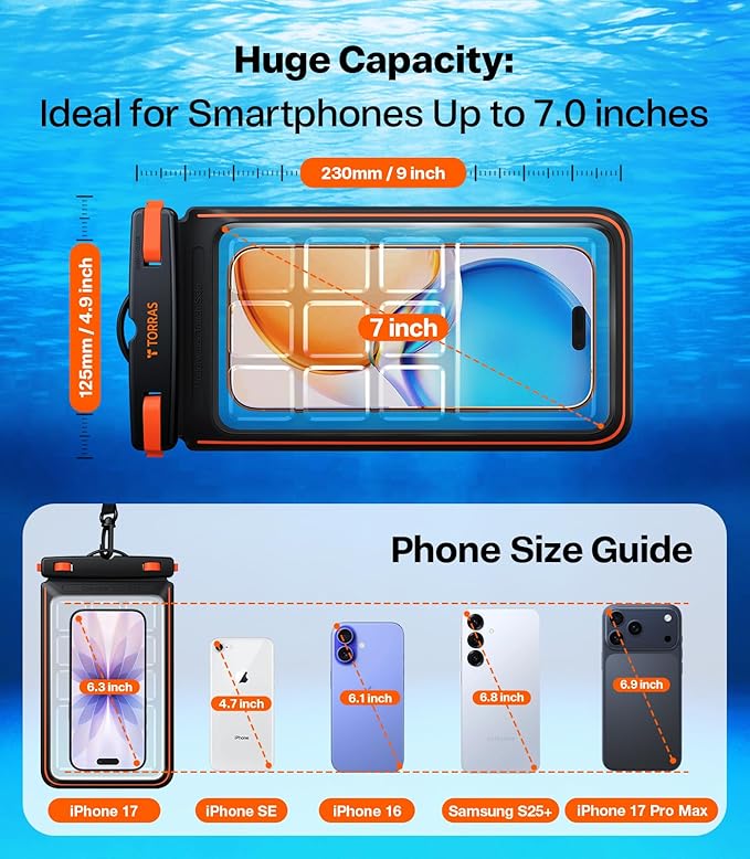 TORRAS 2 Pack IPX8 Waterproof Phone Pouch Floating, Underwater Screen Touchable, Waterproof Phone Case with Lanyard for iPhone 16 Pro Max 15 14 S25, Cell Phone Dry Bag Cruise Essentials 7.0", Black