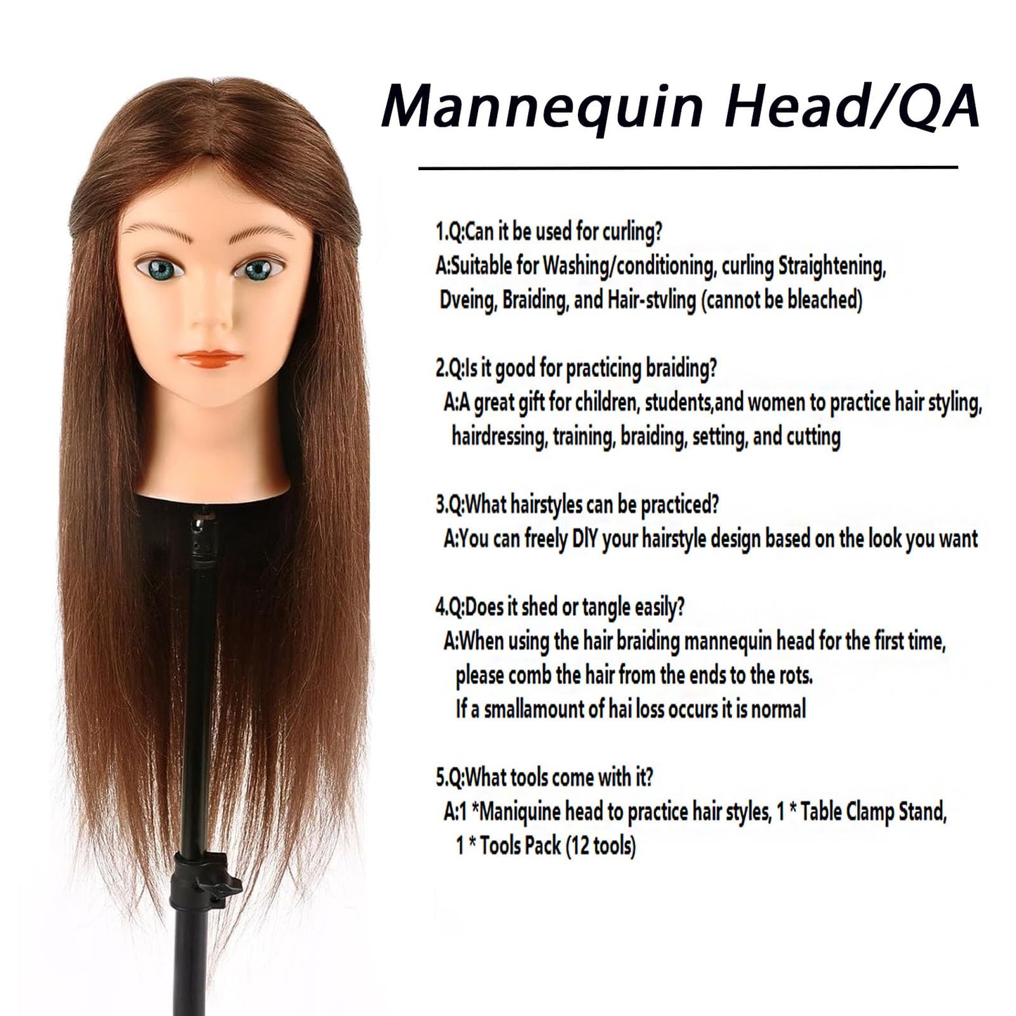 Mannequin Head with 100% Human Hair,22'' Real Hair Cosmetology Mannequin Manikin Head Hair Styling Hairdressing Practice Training Doll Head with Clamp Holder and Tools (Dark Brown Blue Eyes)
