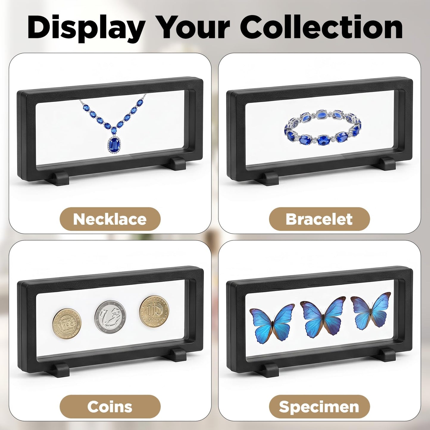 Kegeeei 10 PCS 3D Floating Display Case, Coins Display Stand Holder, Jewelry Storage Box, Black Suspension Frame for Challenge Coins, Medals, Fossils, Stamps, 9" x 3.54" x 0.79"