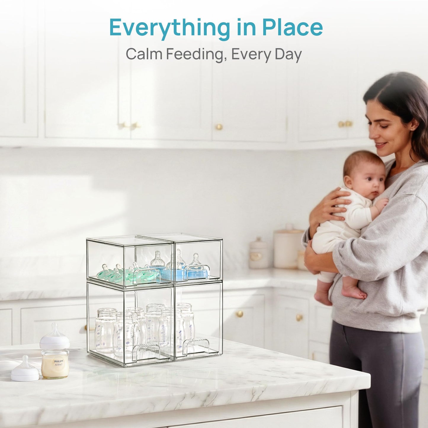 Vtopmart 4 Pack Baby Bottle Organizer Set, Stackable Storage Drawers Ideal for Kichen Countertop, Vanity, Bathroom, Cabinet, Pantry Organization