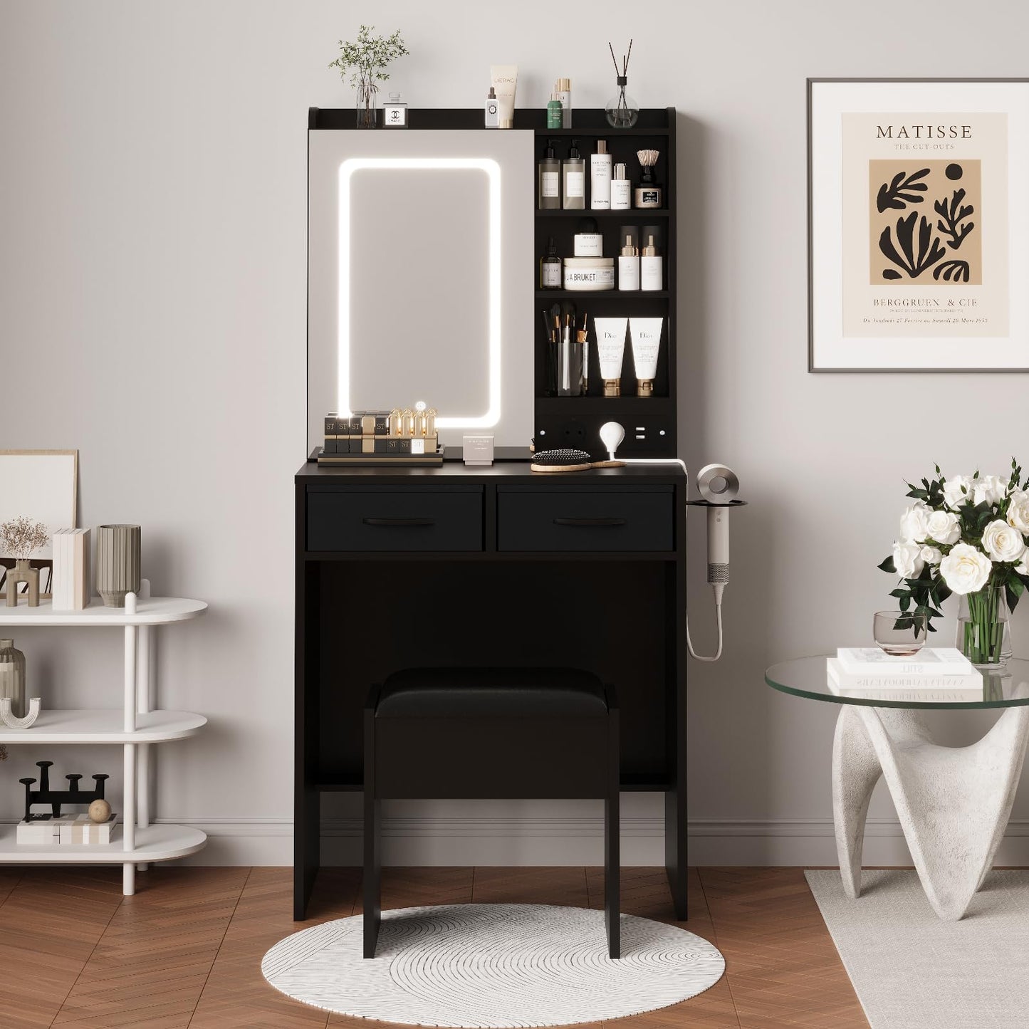 Black Makeup Vanity Desk with Mirror and Lights, Vanity Table Set with Charging Station, Dressing Table with Stool, 2 Drawers, Open Shelves, Power Outlets & USB Ports, Vanity Desk with RGB Cabinets