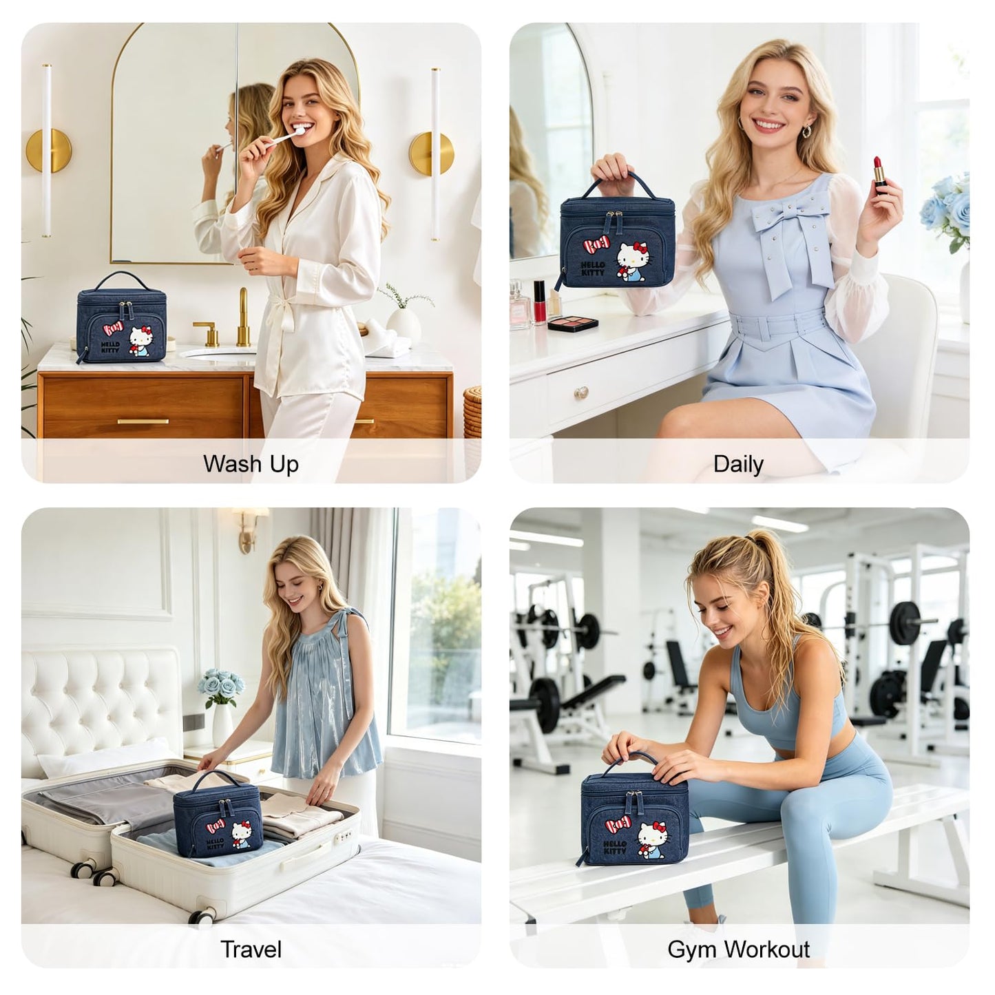 AmBealla Makeup Bag Large Cosmetic Bags,Denim Cute Embroidered Makeup Organizer for Women Traveling,Portable Toiletry Bag for Girls