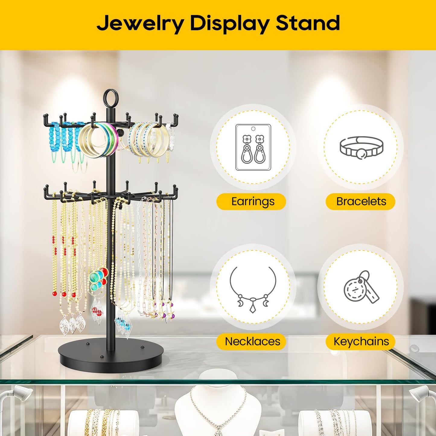 ORLESS 2 Tier Rotating Jewelry Display Stand, Keychain Display Stand with 24 Hooks, Black Metal Retail Display Spinning Holder for Vendor, Spinning Display Rack for Necklace Bracelet Earring Organizer
