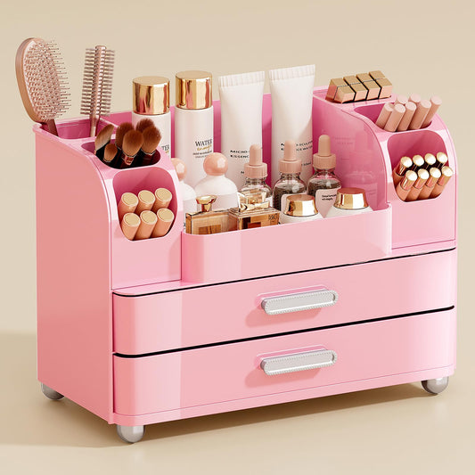 UFORU Makeup Organizer for Vanity with 2 Large Drawers, Cosmetic Display Case with Brush Holders, Easy to Storage for Bathroom Countertop Skincare, Desk Office Supplies, All Pink
