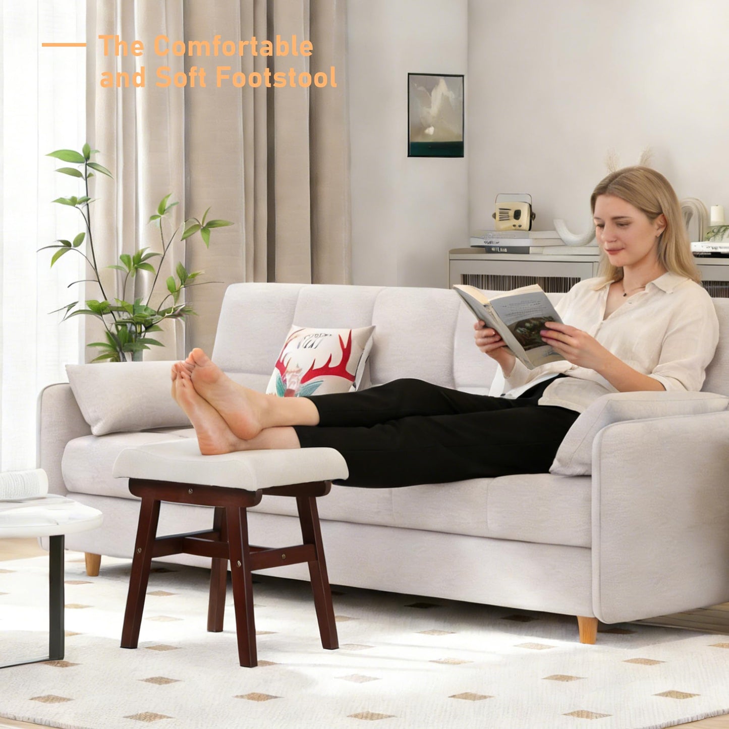 AurnaGle Wood Vanity Stool Chair, 17.7 Inch Compact Makeup Chairs with Saddle Cushion, Linen-Covered High Rebound Sponge Seat, Easy Assembly Footstool for Bedroom, Entryway, Home, Walnut Ottomans